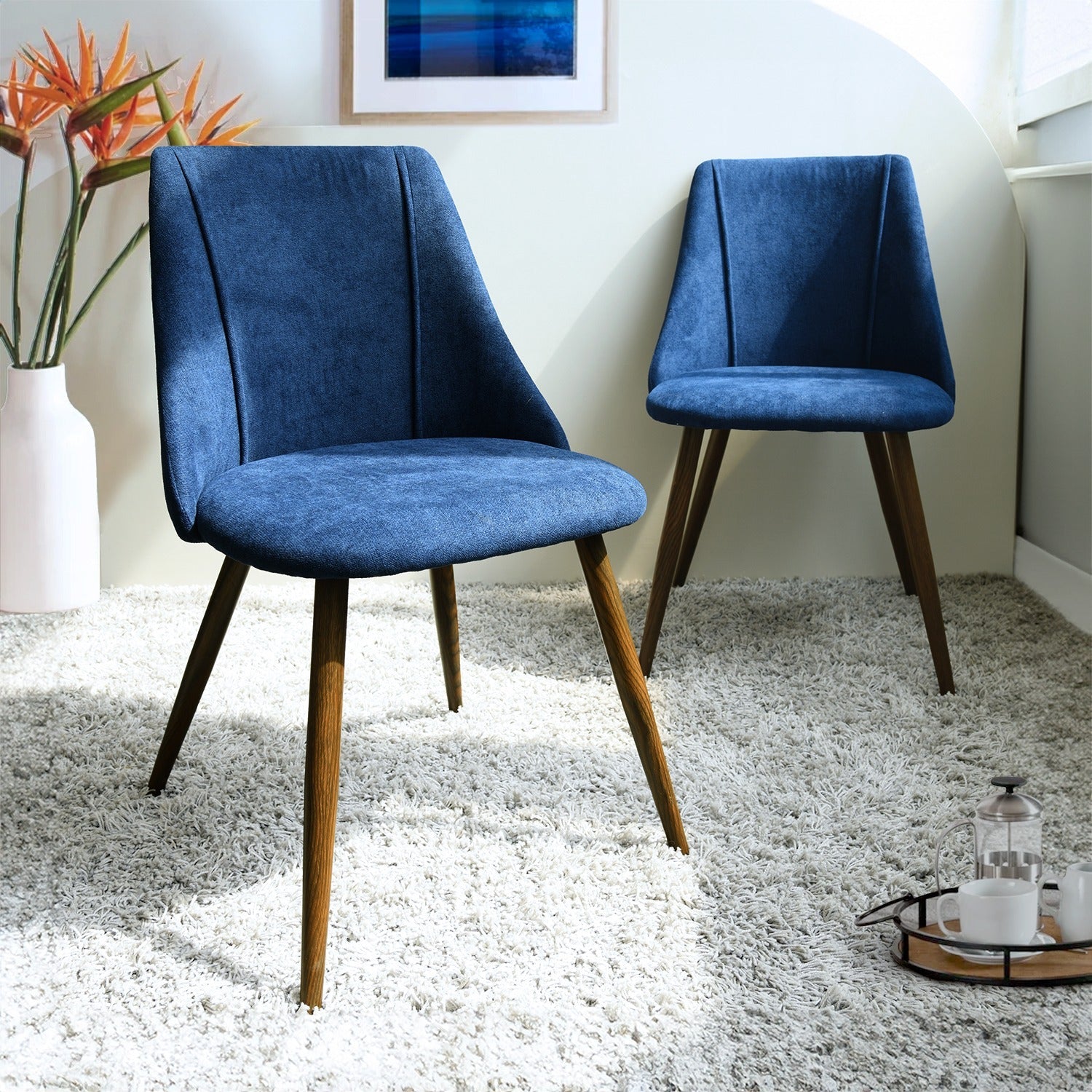 Set of 2 Comfortable Dining Chairs with Stylish Fabric Beige/Dark Blue & Sleek Metal Legs, Perfect for Restaurants, Cafés, Airport Lounges and Dining Areas