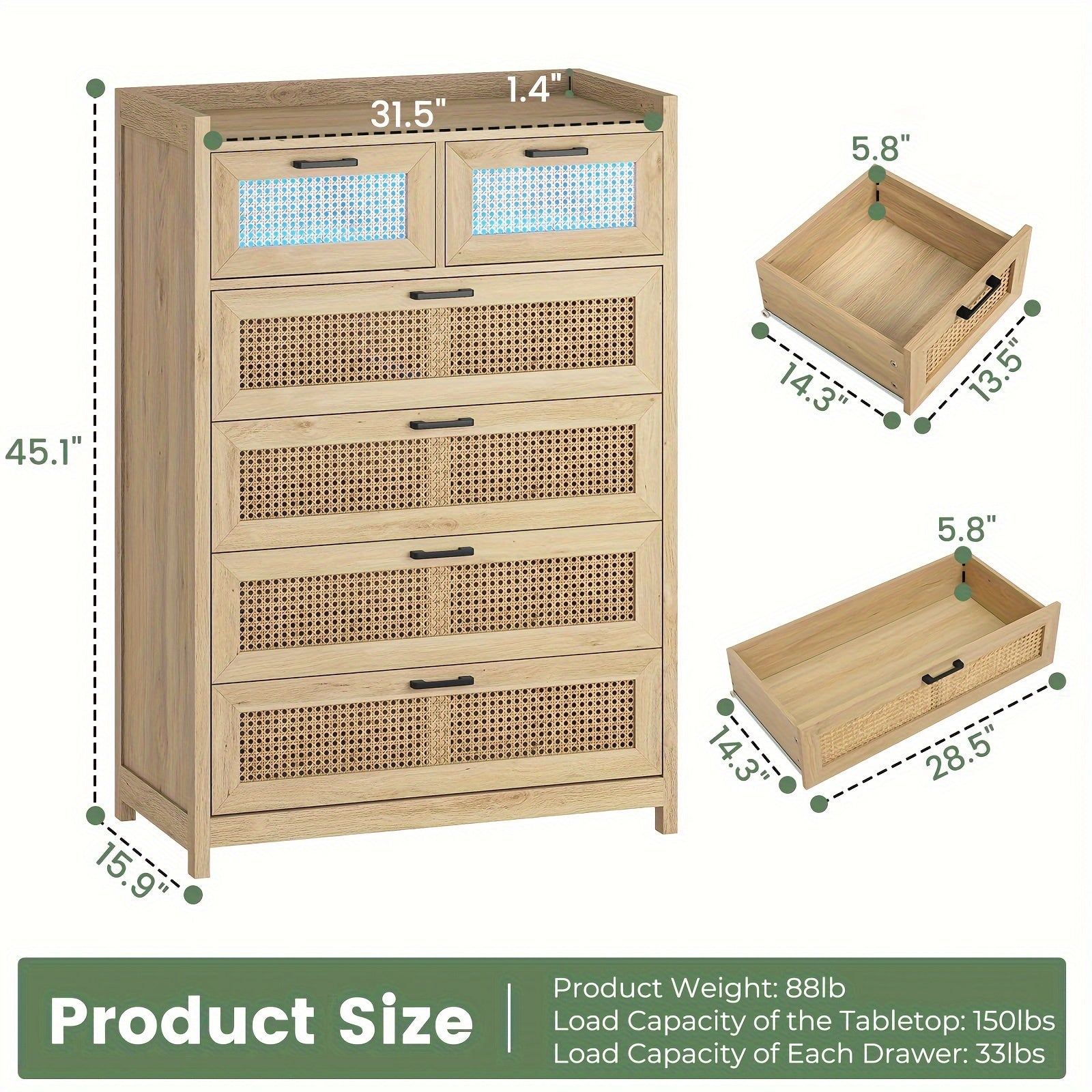 6 Drawer Dresser for Bedroom Natural Rattan Dressers with LED Light Tall Dressers Morden Chests of Drawers Dresser