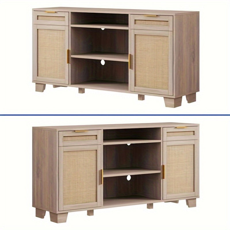 Stylish Rattan TV Cabinet with 2 Drawers, Boho- Chic Entertainment Center for 58" TVs