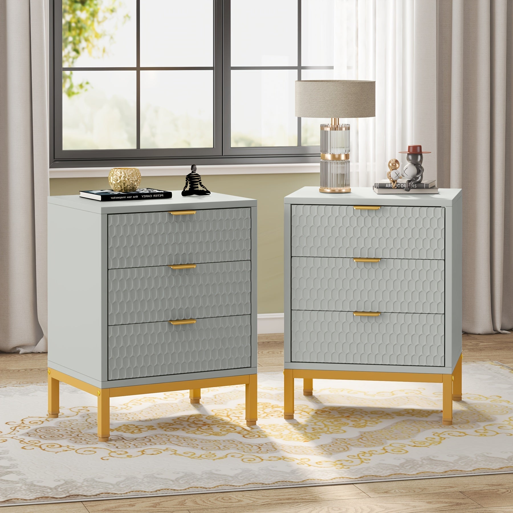 Modern White & Golden 3-Drawer Nightstand - Spacious Bedside Table with Storage, Durable Metal Frame, Ideal for Bedroom Organization, Bedside Table for Bedroom, Side End Table, Storage Lockers, BYBLIGHT