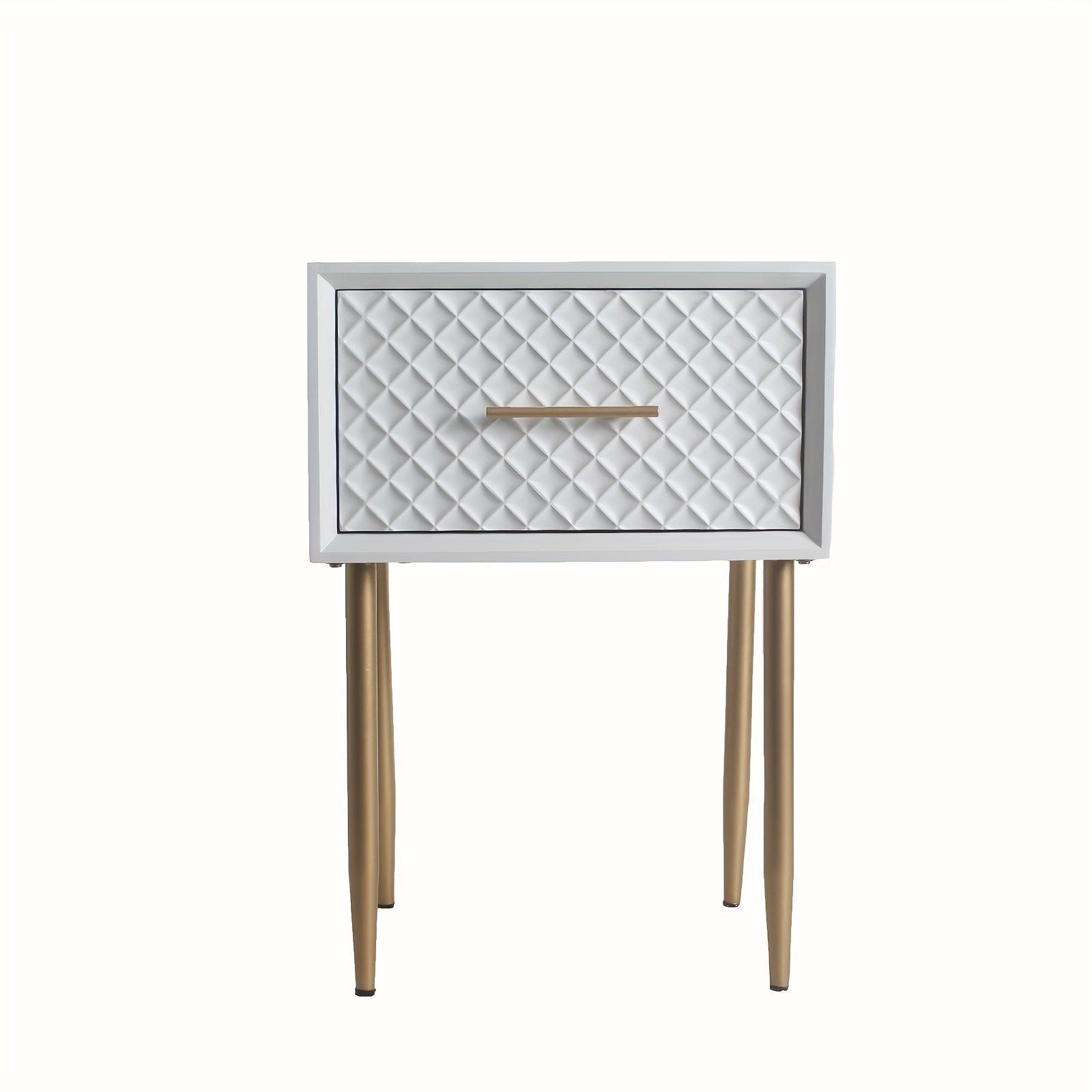 Elegant Farmhouse-Style White Nightstand with Golden Legs, Waffle Pattern Drawer - Modern Diamond Motif Side Table, Durable MDF, Easy Assembly, Perfect for Stylish Bedrooms, Stylish Nightstand|Modern Farmhouse Style|Plantsurr