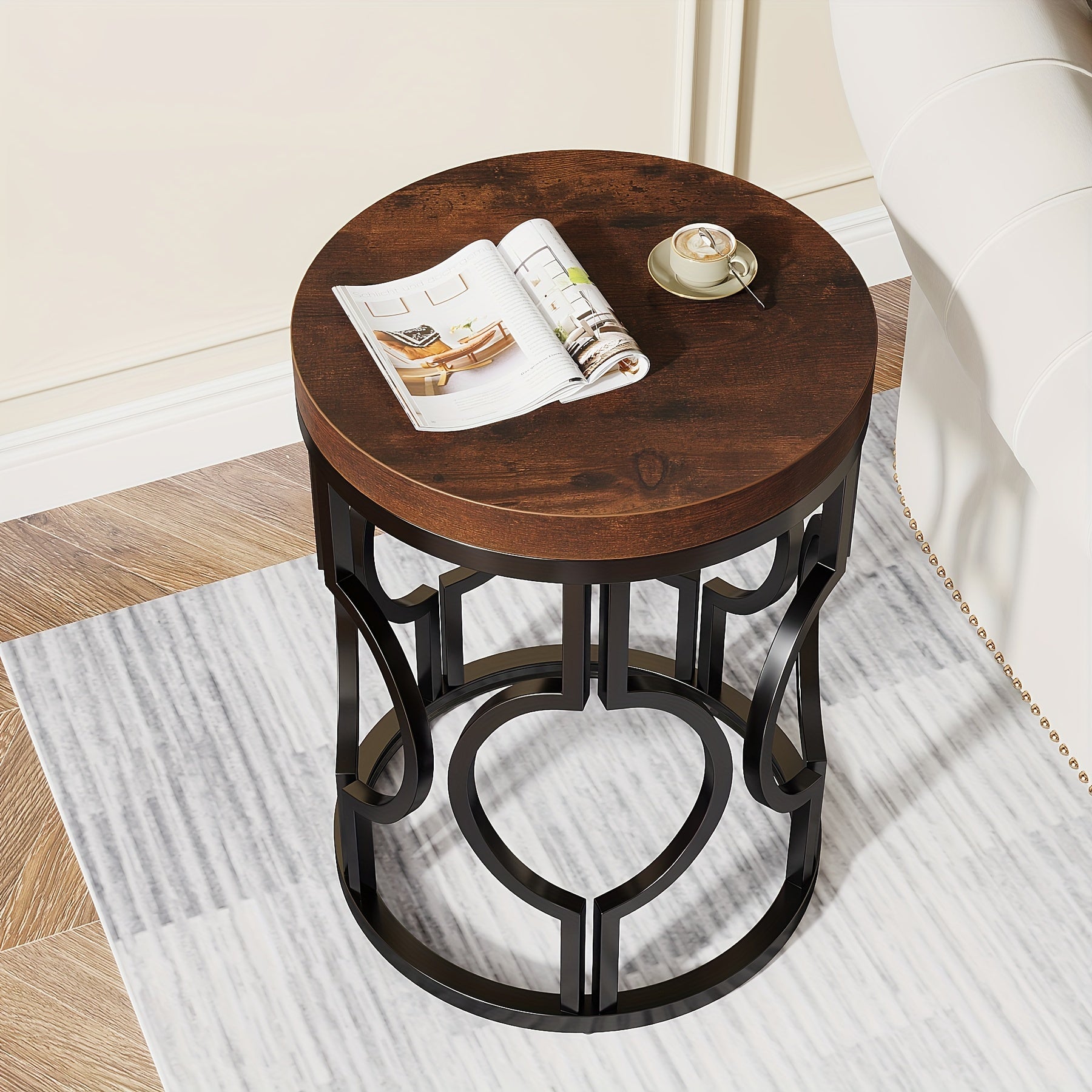 Round End Table Industrial SideTable With Metal Hollow Frame Small Bedside Table Nightstand For Living Room Bedroom