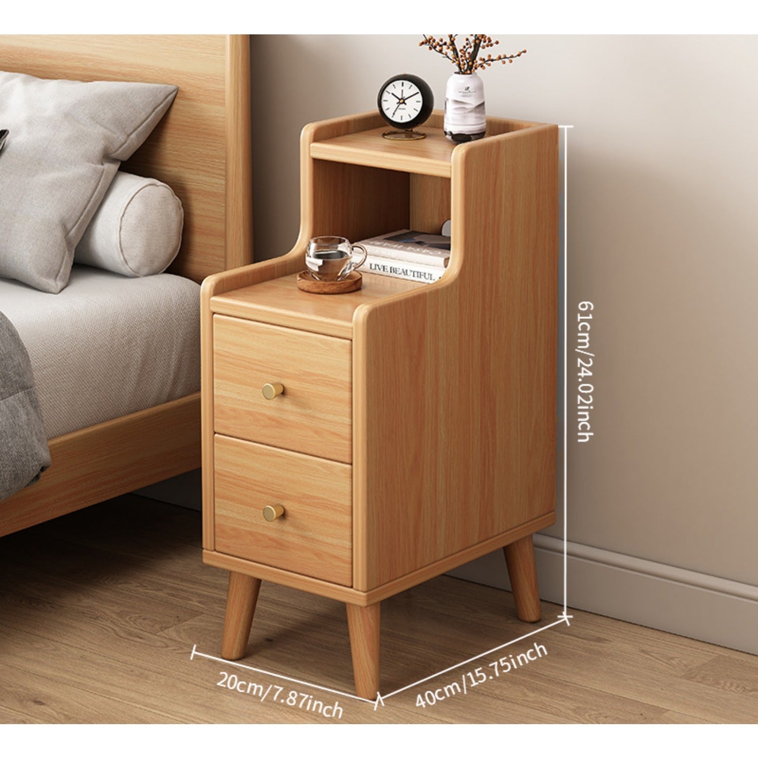 Solid Wood Nightstand with 2 Drawers, Multifunctional Bedside Table, Space-Saving Design, with Sliding Drawer and Open Storage Shelf for Small Bedroom