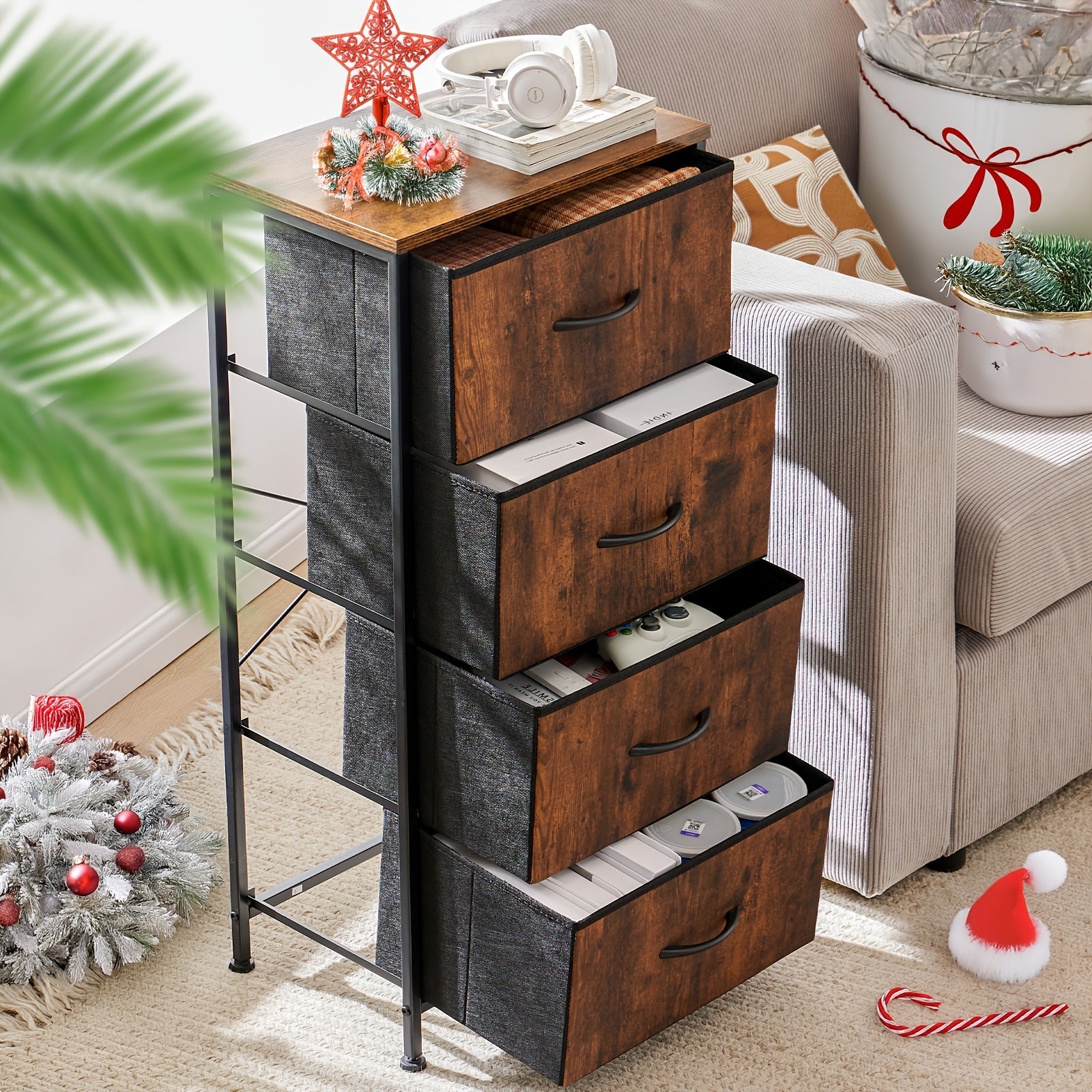 Idle Way Dresser For Bedroom With 4 Drawers, Storage Cabinet, Skinny Tower Organizer Unit, Fabric Storage, Chest Of Drawers With Wooden Top For Closet, Laundry, Living Room, Hallway, Office, Brown, Black Grey White For Lab