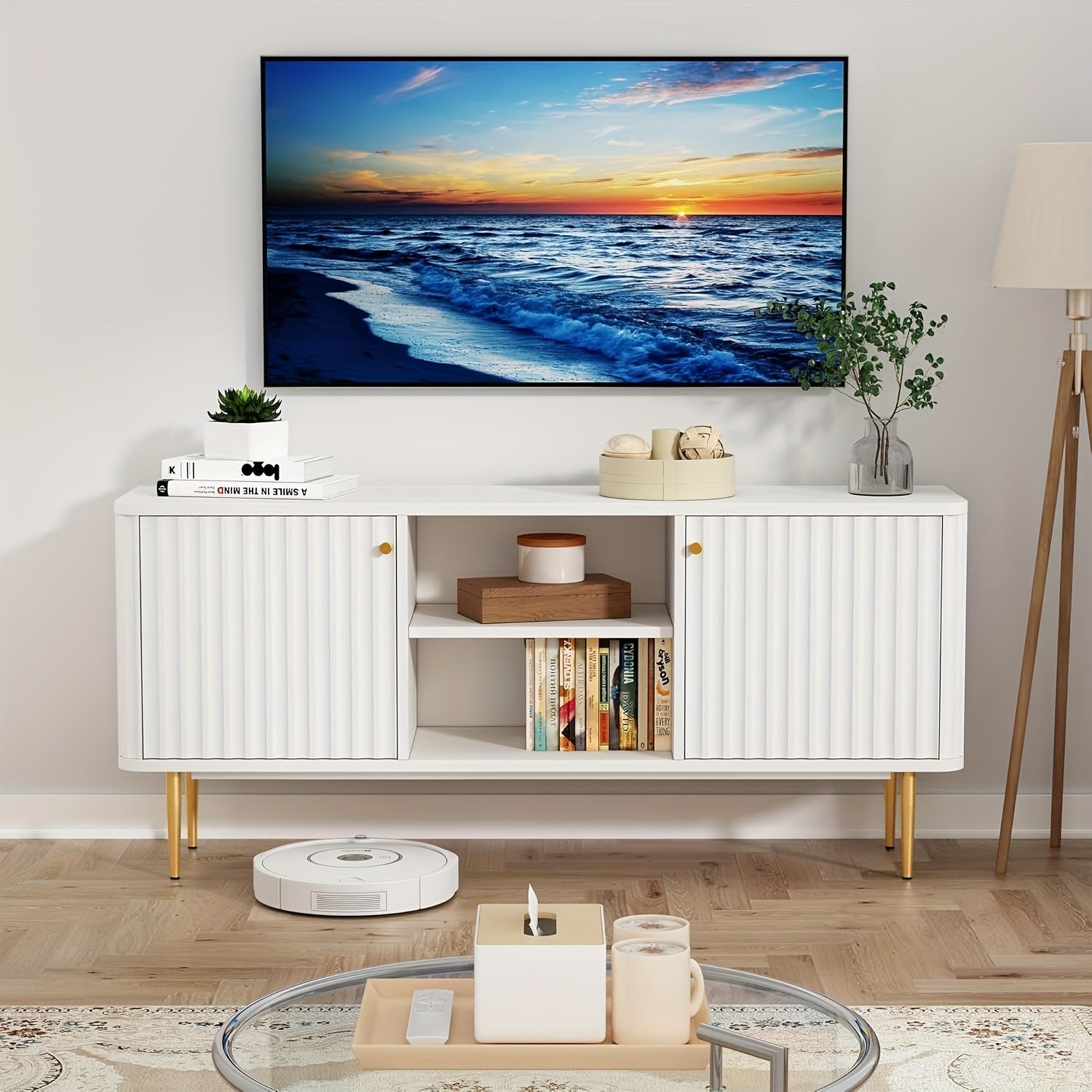 55" Fluted TV Stand - Mid-Century Modern White Entertainment Center with Golden Accents, Ample Storage for 55/60/65 Inch TVs, Ideal for Living Room & Bedroom Decor, TV Console, Media Console