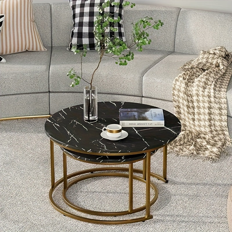 2-piece Set, Nested Coffee Table, Large White, Black, Brown Artificial Marble Edge Table, Steel Frame Circular And Circular Wooden Table, Living Room, Bedroom, Apartment, Modern Small Space