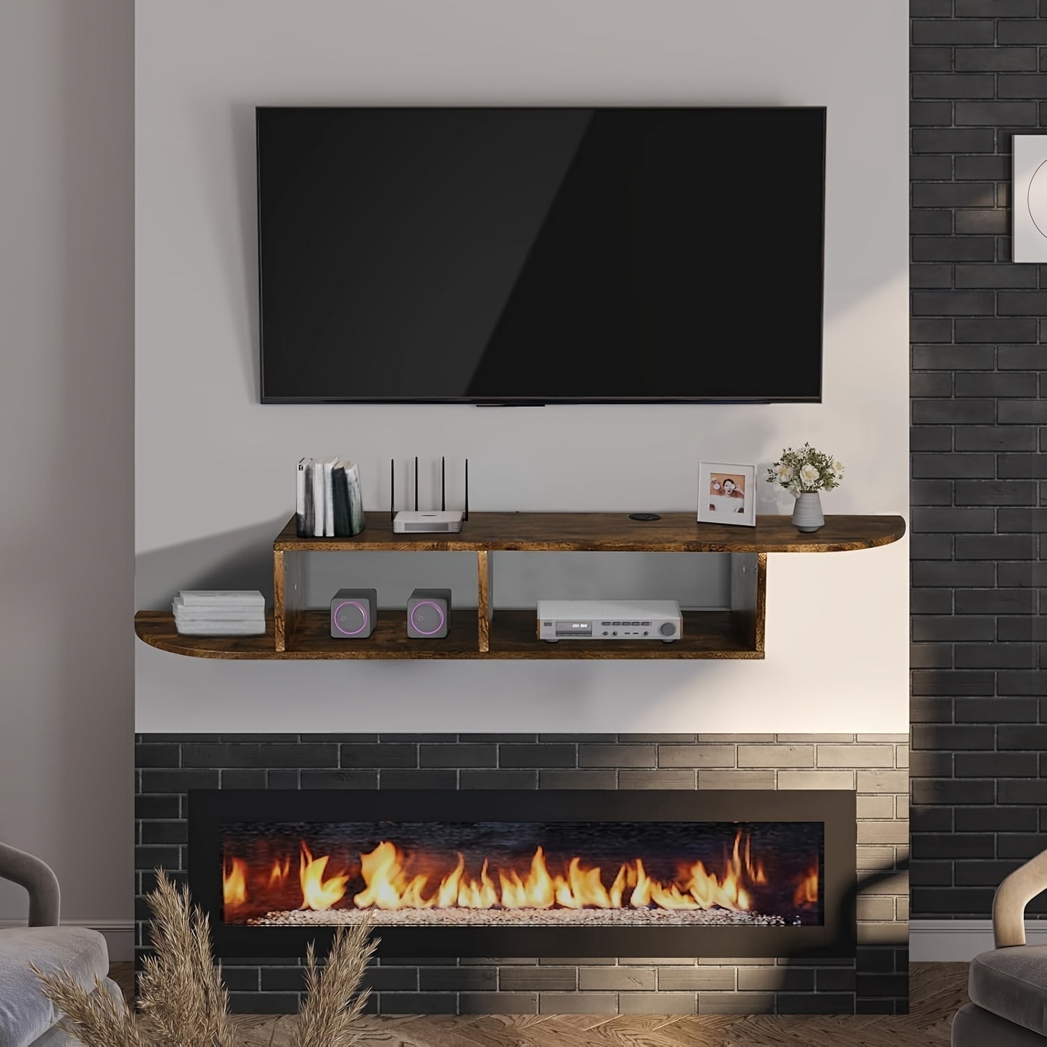 Contemporary Floating TV Stand with Storage, 55" Wall-Mounted Entertainment Center Shelf, Log Material, No Electricity Needed, for Living Room and Laboratory Display, Tv Console for Living Room