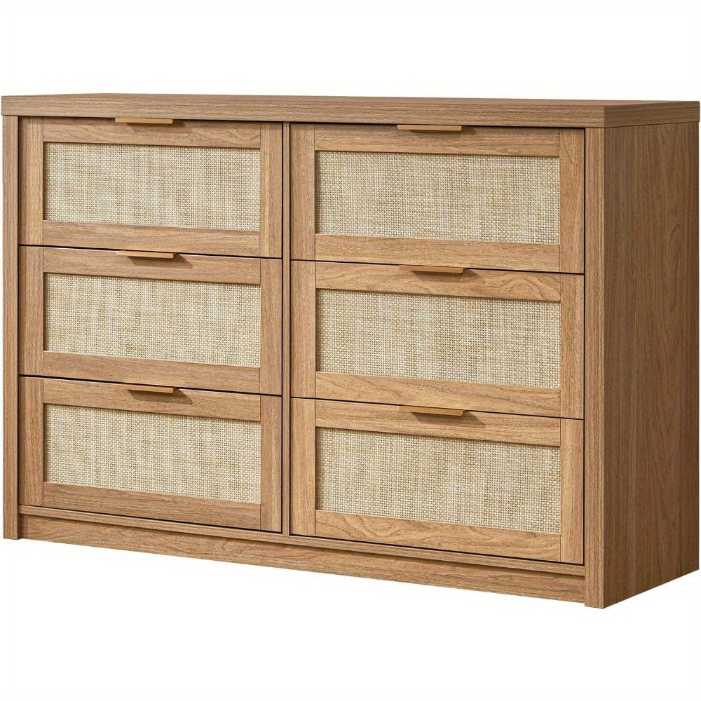 Boho Chic Hampstead Dresser - 6-Drawer Rattan & Wood Chest, Versatile TV Stand for Living Room or Bedroom, 52.76" W x 17.72" D x 31.69" H