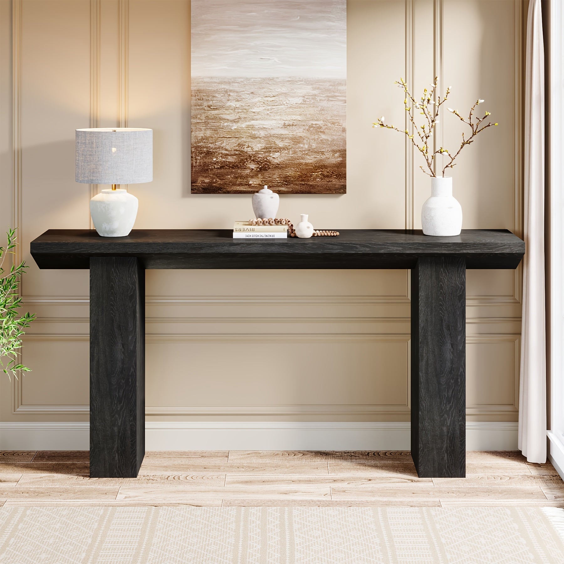 Elegant 62.99" Long Farmhouse Console Table - Stain-Resistant MDF, Black Sofa Table with Inverted Triangle Design, Ideal for Entryway, Hallway, Living Room - Durable & Easy to Assemble