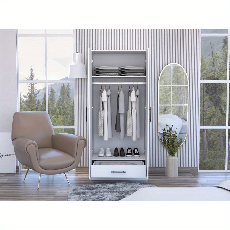 Elegant White Modern Armoire Wardrobe - Sleek Rectangle Storage Closet with Hanging Rod & Concealed Drawer, 71.1"H x 31.5"W x 19.69"D, Perfect for Bedroom Essentials, Portable Closets