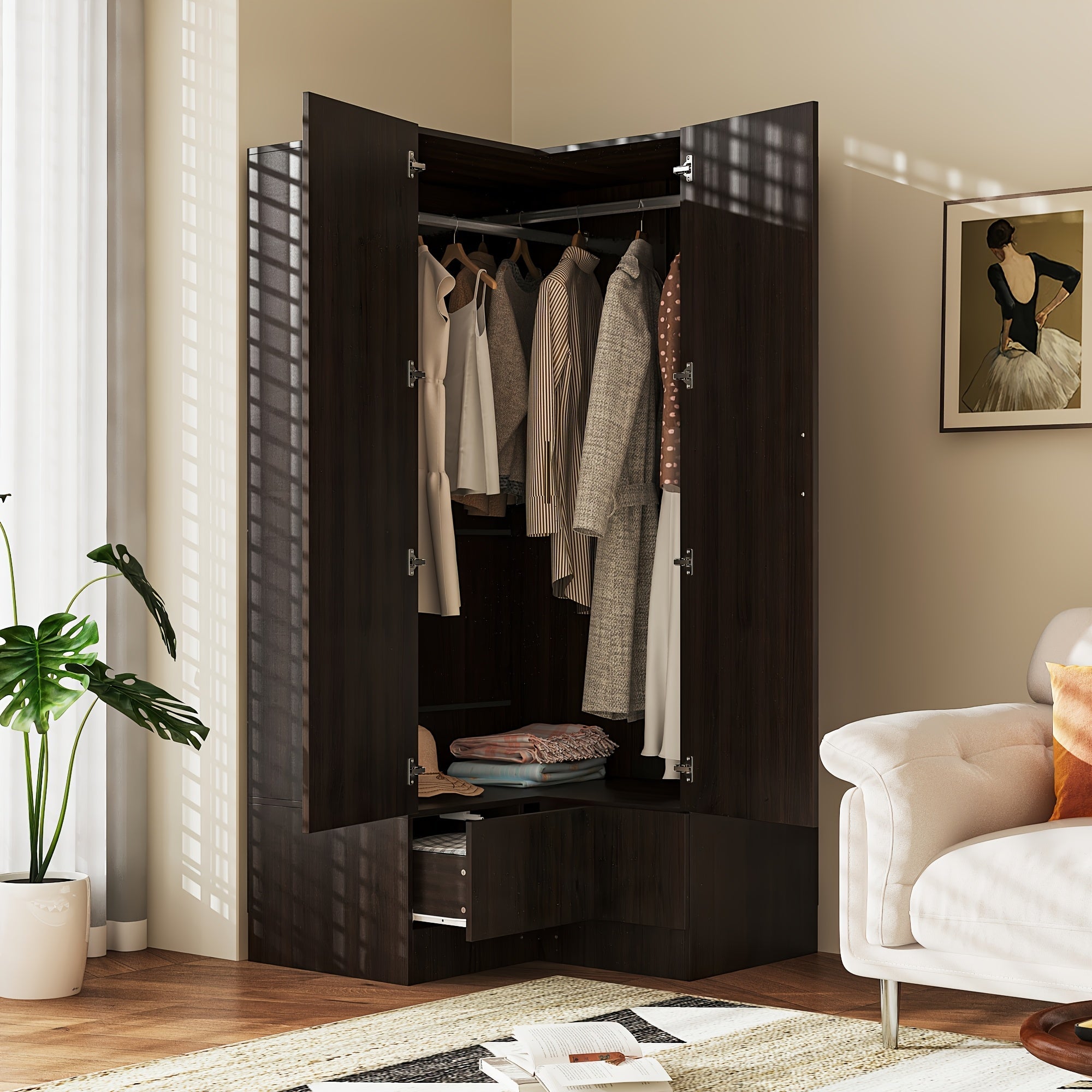 Modern Corner Wardrobe Armoire Closet with 2 Drawers And 2 Hanging Rods, Storage Cabinet for Bedroom, Maximize Your Space with The Versatile Two-Doors, Two-Drawers Corner Wardrobe, Deep Brown