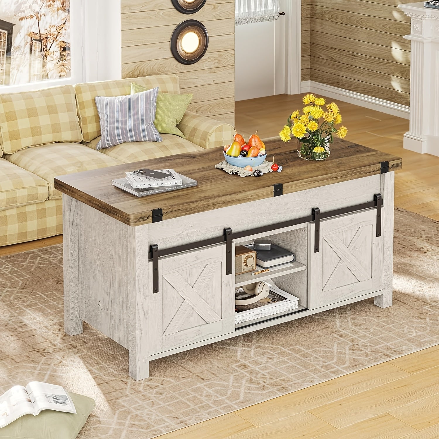 Versatile Farmhouse Coffee Table with Adjustable Height, Convertible Design for Dining & Gaming, 3 Storage Compartments, and Sliding Barn Doors - Metal Construction