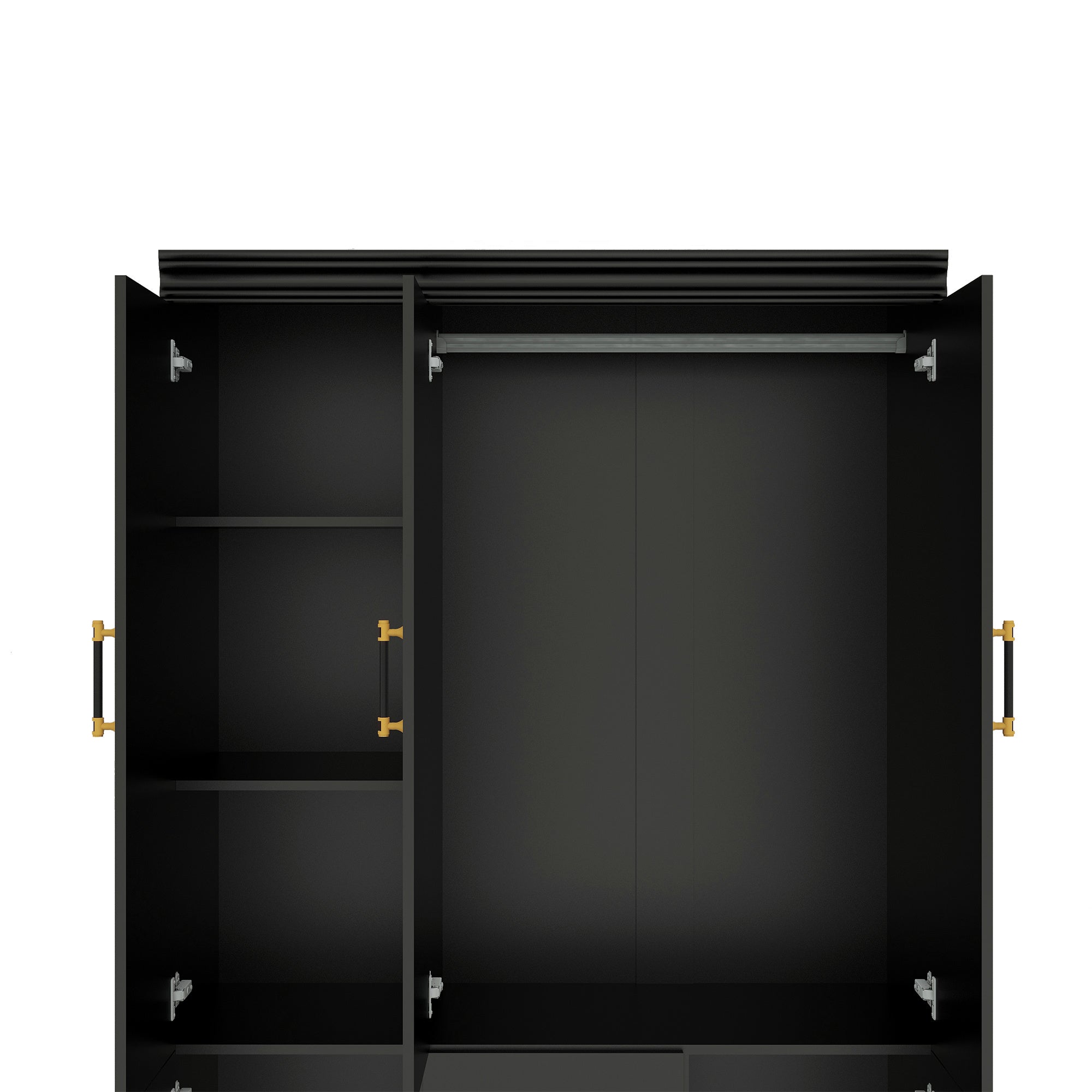 3-Door Black Wooden Armoire Wardrobe with Drawers - Spacious Rectangular Closet for Bedroom Golden Accents & Floral