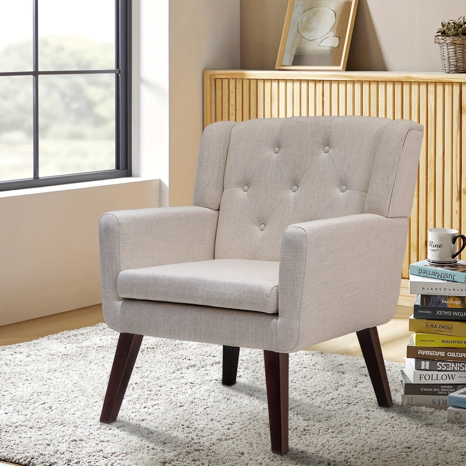 Accent Chair for Living Room, Tufted Lounge Chair with Wood Legs, Upholstered 
 Armchair for Home Bedroom Patio