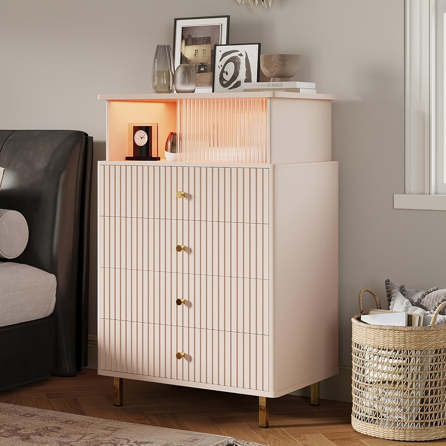 Modern White & Golden 4-Drawer Dresser with LED Lighting - Large Capacity Acrylic Accents for Bedroom Living Room