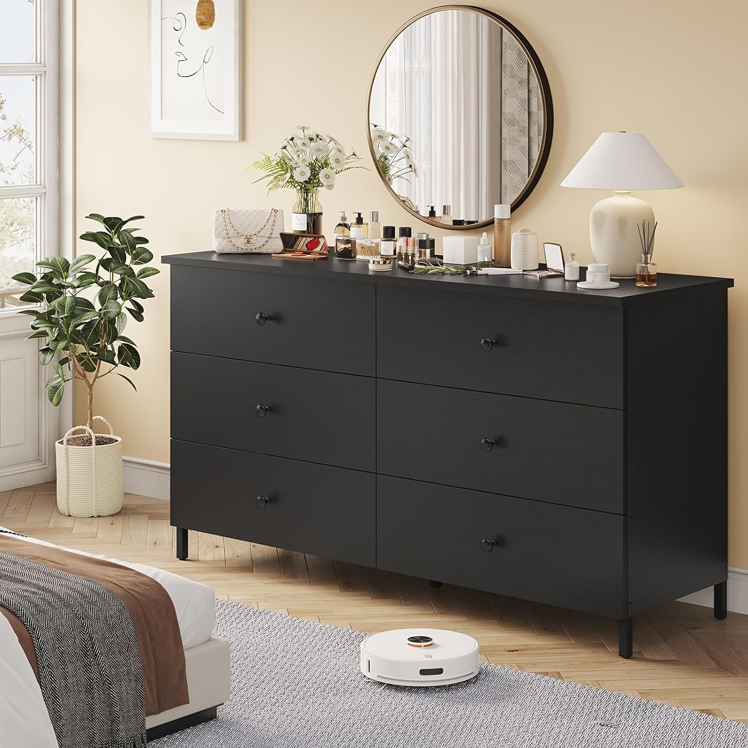 6 Drawers Dresser With Steel Frame Modern Chest Of Drawers For Bedroom Living Room Black - 15.8’’D x 47.3’’W x 31.3’’H
