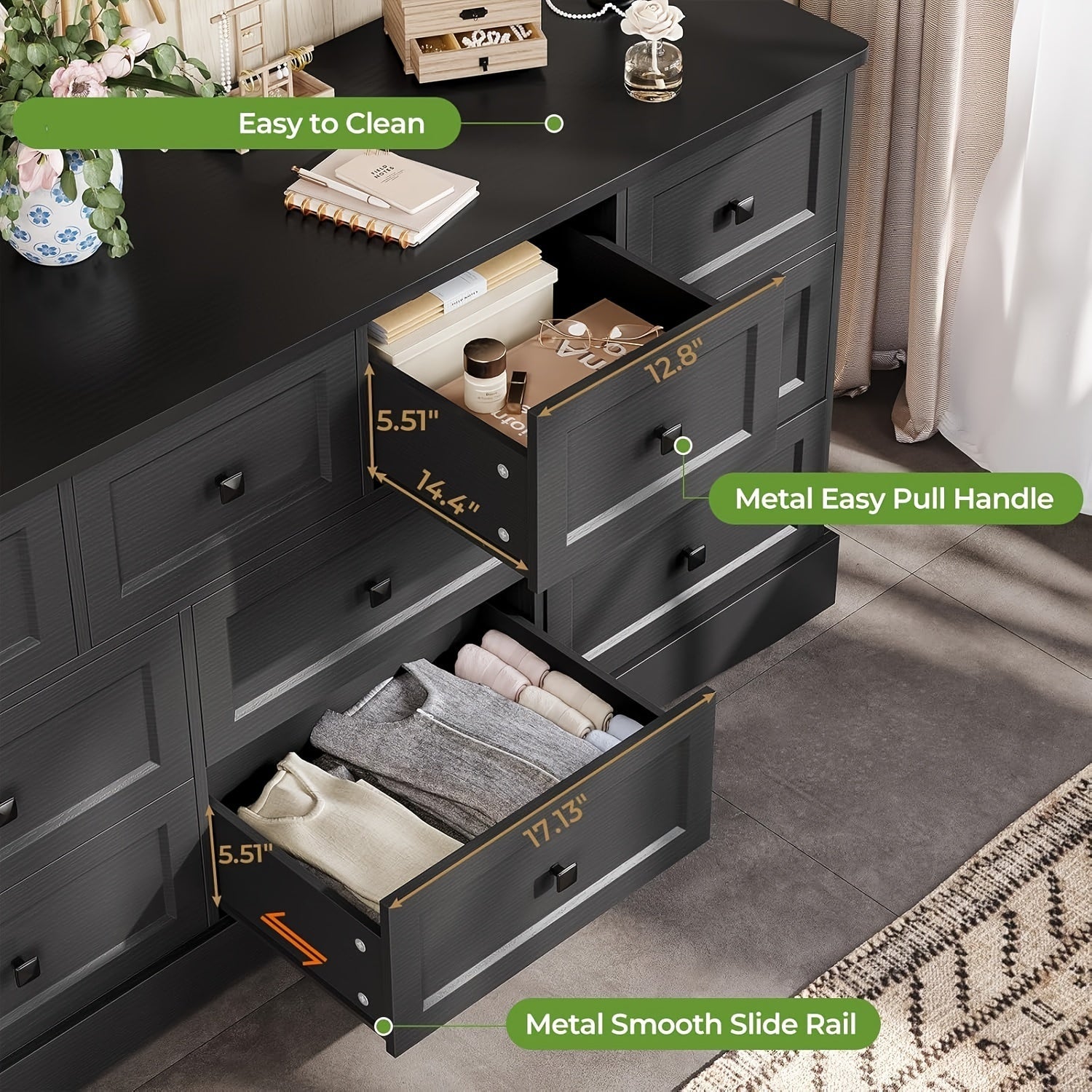 1pcs White/Black Dresser With 10 Drawers For Bedroom Large Dresser/Chest Of Drawers With Charging Station 10 Drawers
