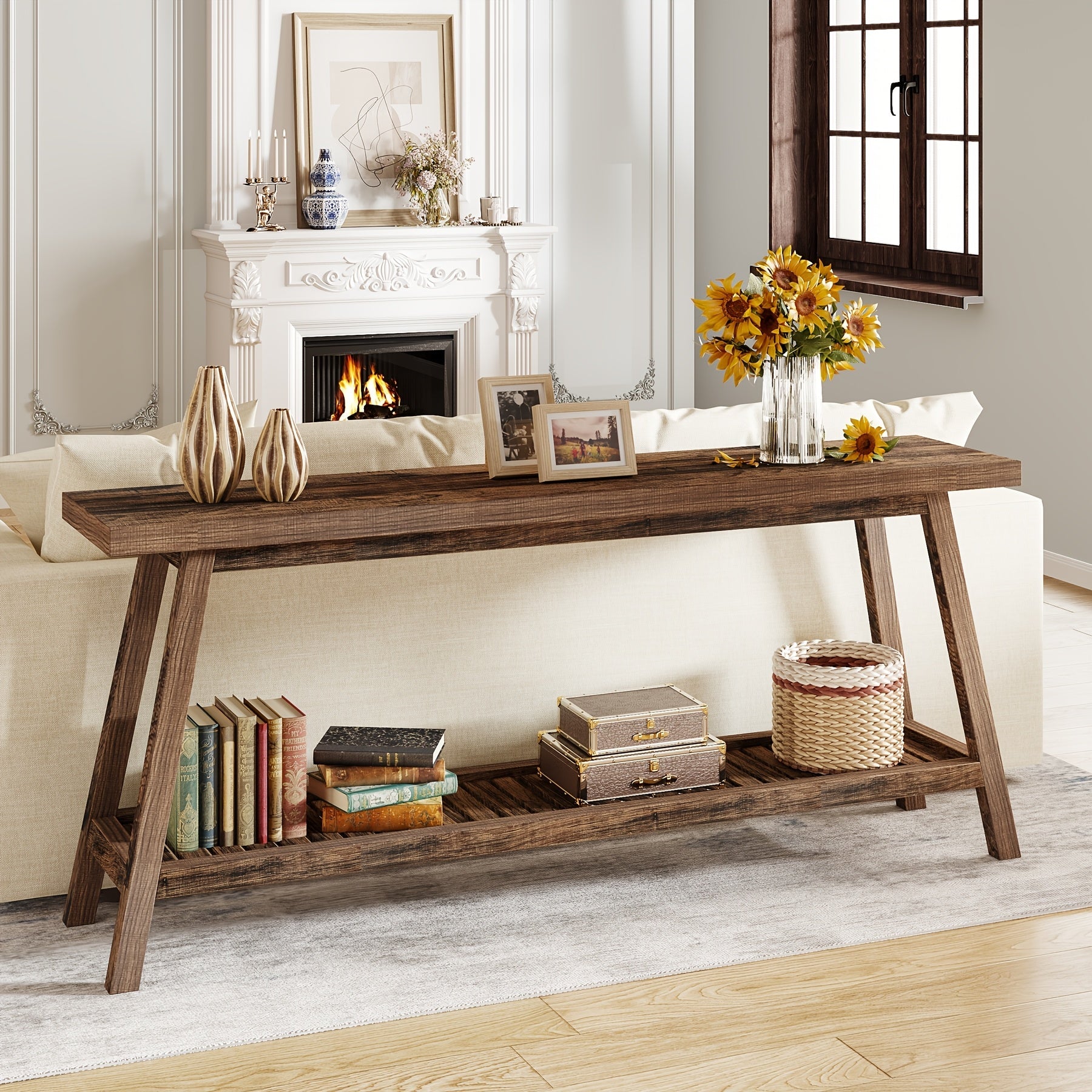 Chic Rustic Brown Farmhouse Console Table - 70.9" Long, 2-Tier Narrow Design with Ample Storage, Durable Engineered Wood Construction, Perfect for Entryway, Hallway, Living Room, or Bedroom Decor, Living Room Decor|Elegant Co