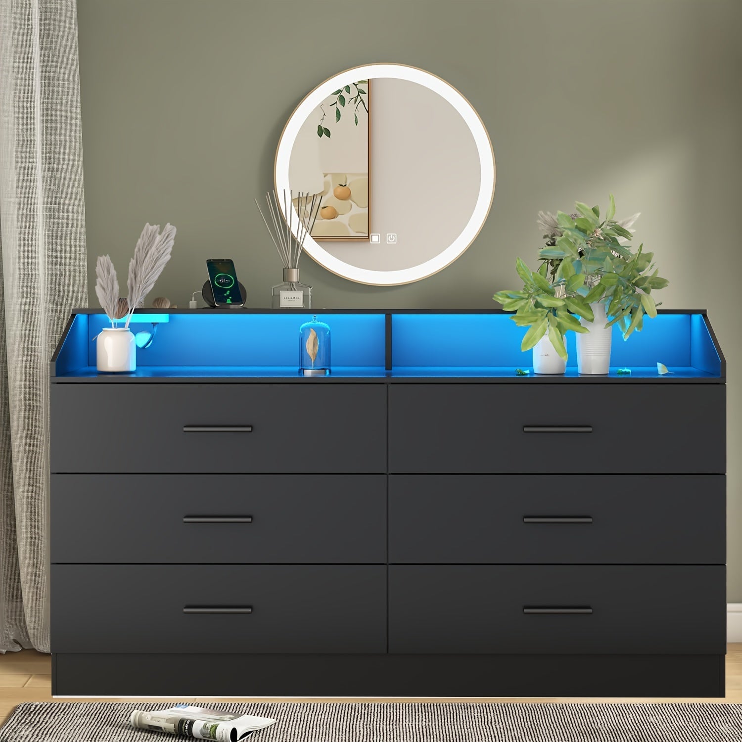White Dresser For Bedroom 6 Drawers Dresser With Power Outlet Chest Of Drawers With LED Light Modern Dresser With Open