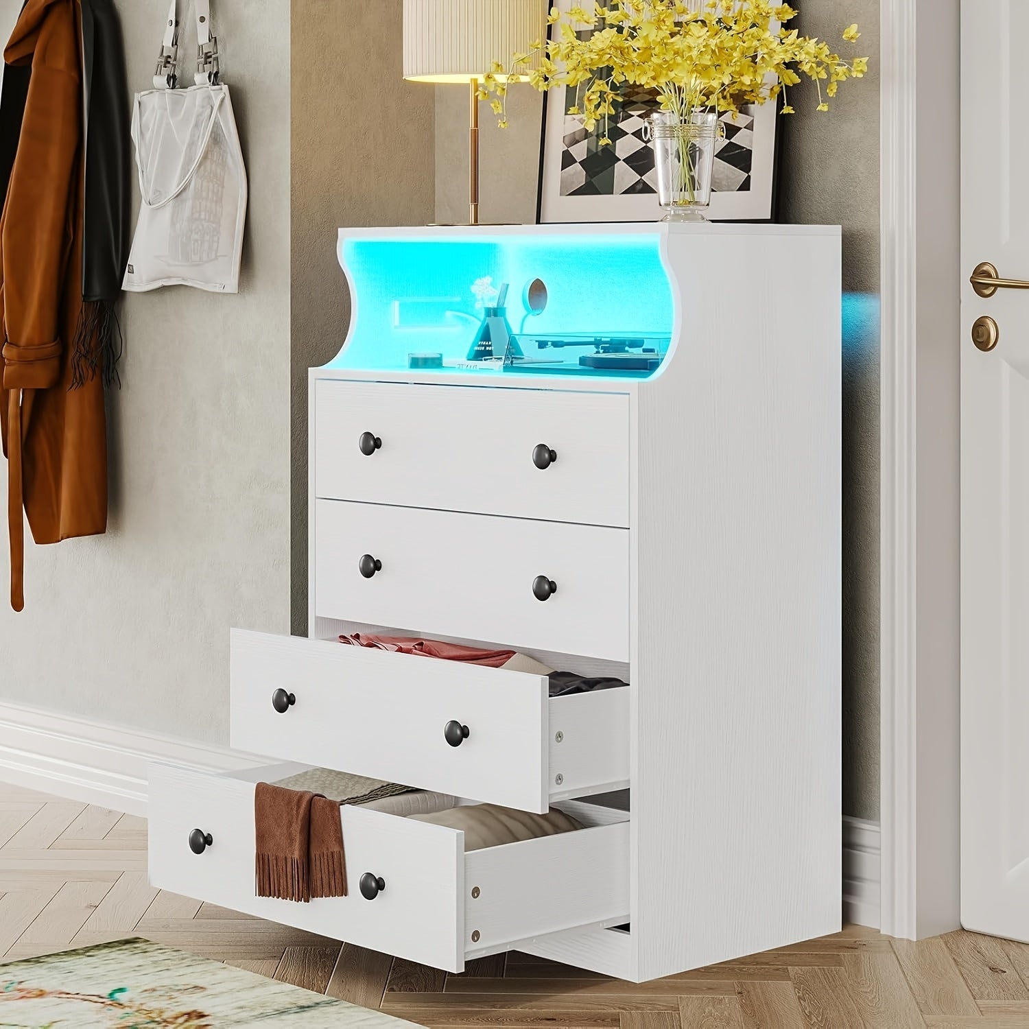 LED Dresser with 4 Large Drawers and Open Space Large Capacity Tall Storage Cabinet. - White - Dresser Westberry