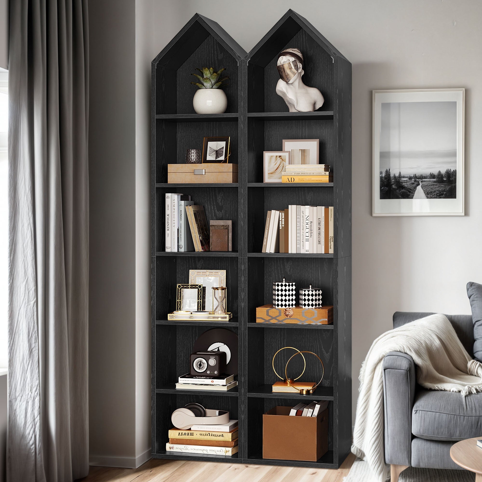 Modern 6- Cube Bookshelf with Adjustable Shelves for Flexible Organization - Embossed black wood panel - Bookshelf