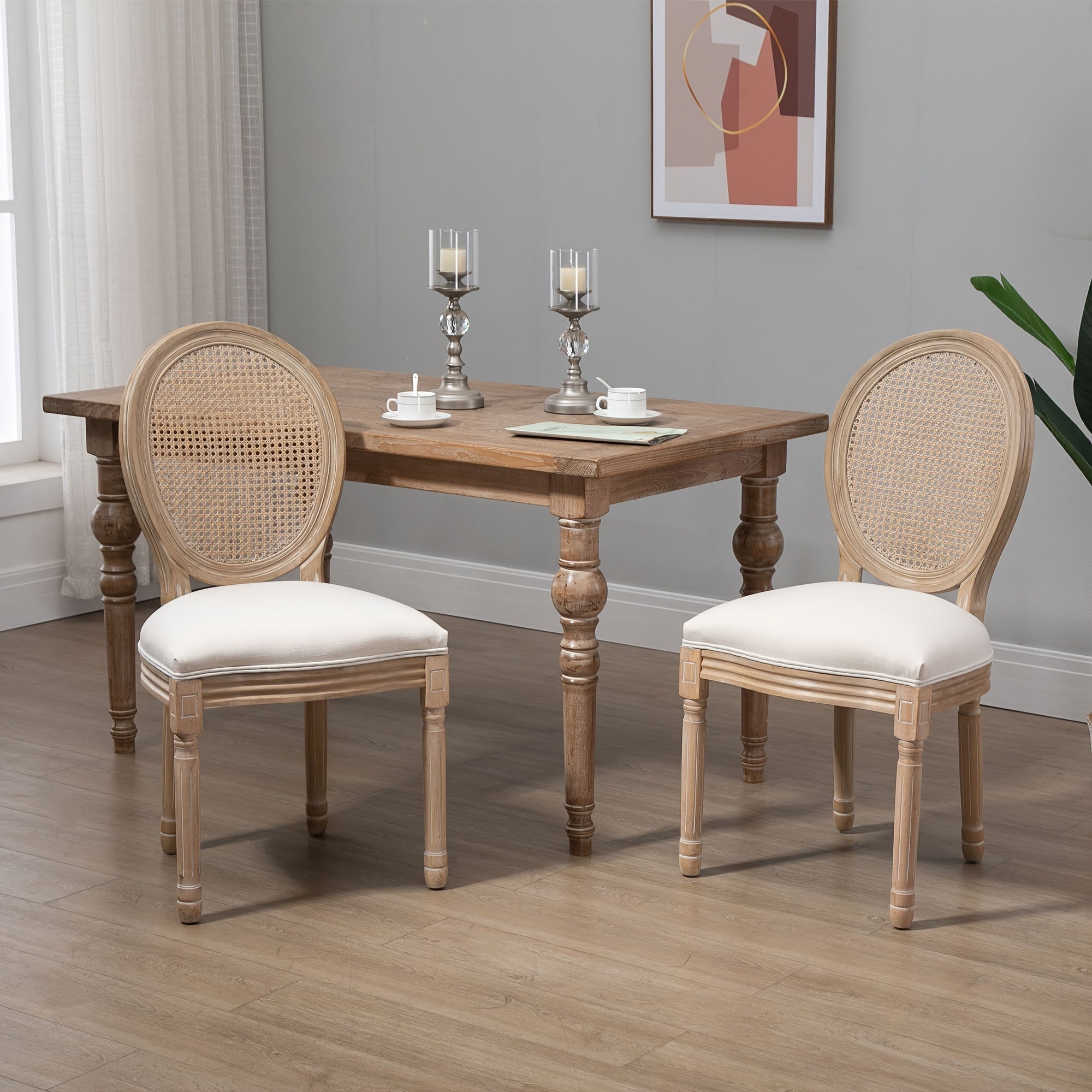 French-Style Upholstered Dining Chair Set, Armless Accent Side Chairs with Rattan Backrest and Linen-Touch Upholstery, Set of 2, Cream White