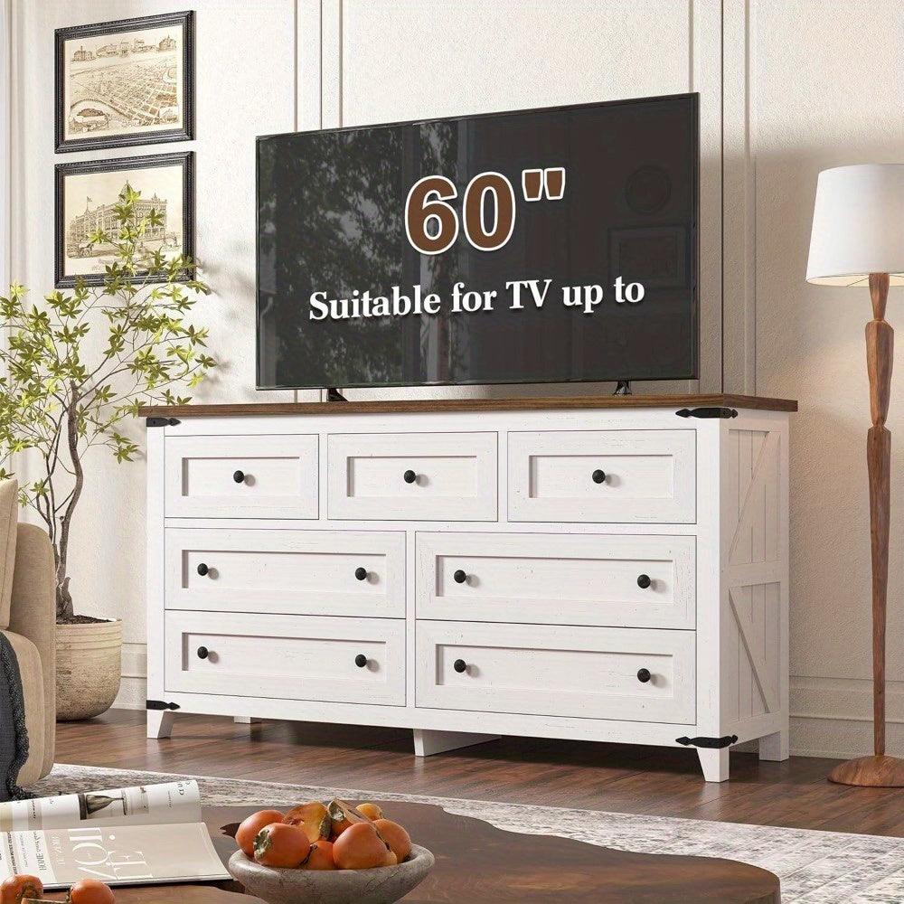 Chic Farmhouse 51" White Wooden Dresser with 7 Drawers - Spacious Bedroom Organizer, TV Stand & Closet Storage Solution