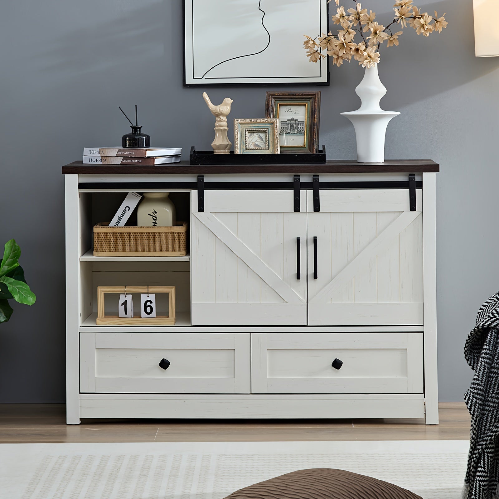 White Dresser for Bedroom, Farmhouse Dresser with Sliding Barn Door, 48" Wide Storage Cabinet with 4 Drawers, 4 Chest Of Drawers for Bedroom, Entryway, Living Room, Dining Room, Antique White