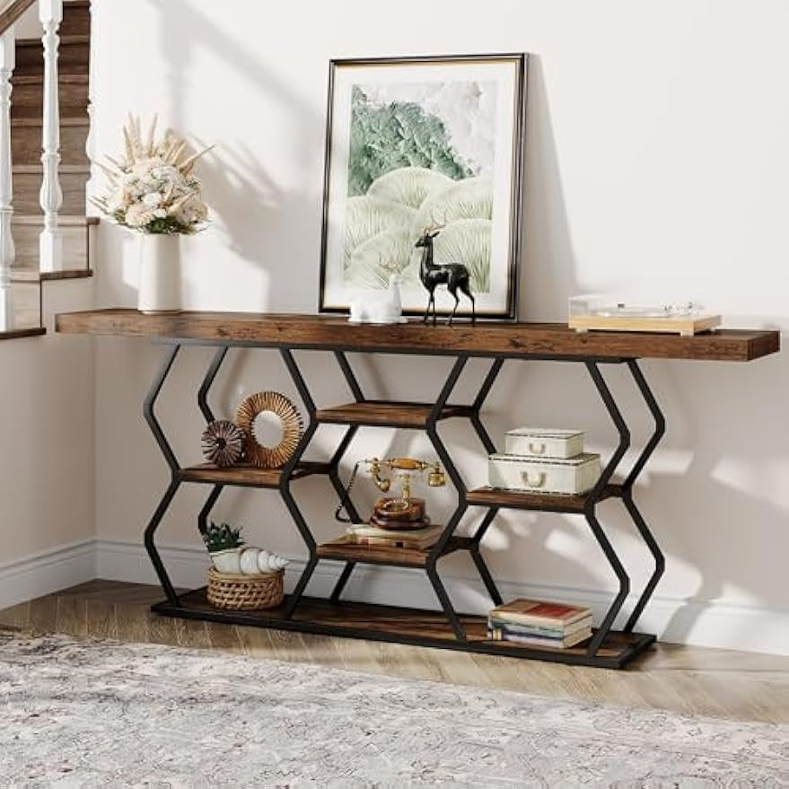 5-Tier Extra Long Console Table with Shelves, Narrow Sofa Table Behind Couch with Storage, Industrial Entryway Table TV Stand Accent Table for Living Room Hallway Foyer, Rustic Brown & Black