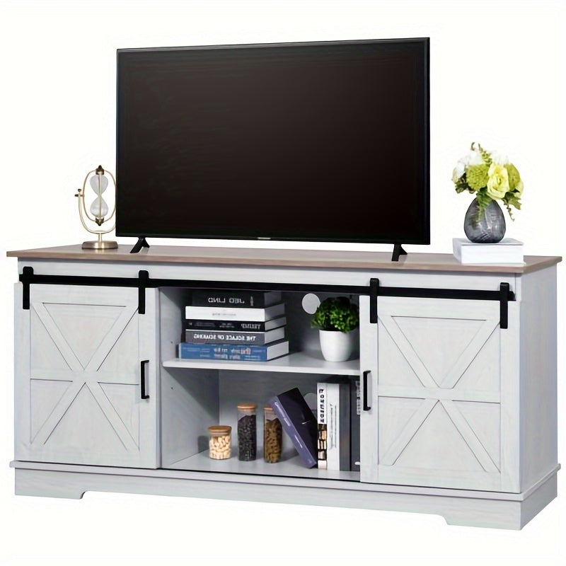 Farmhouse TV Stand for TVs up to 65'', Entertainment Center with Barn Doors, TV Media Console Cabinet, Grey Wash