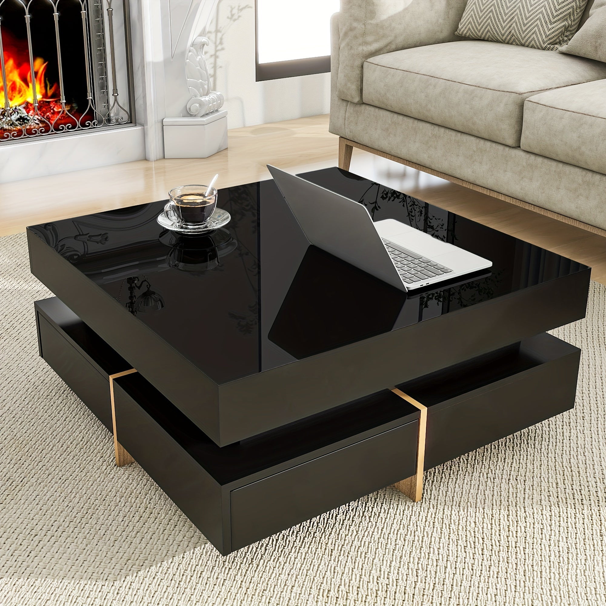 Modern High Gloss Coffee Table with 4 Drawers, Multi-Storage Square Cocktail Tea Table with Wood Grain Legs, Center Table for Living Room