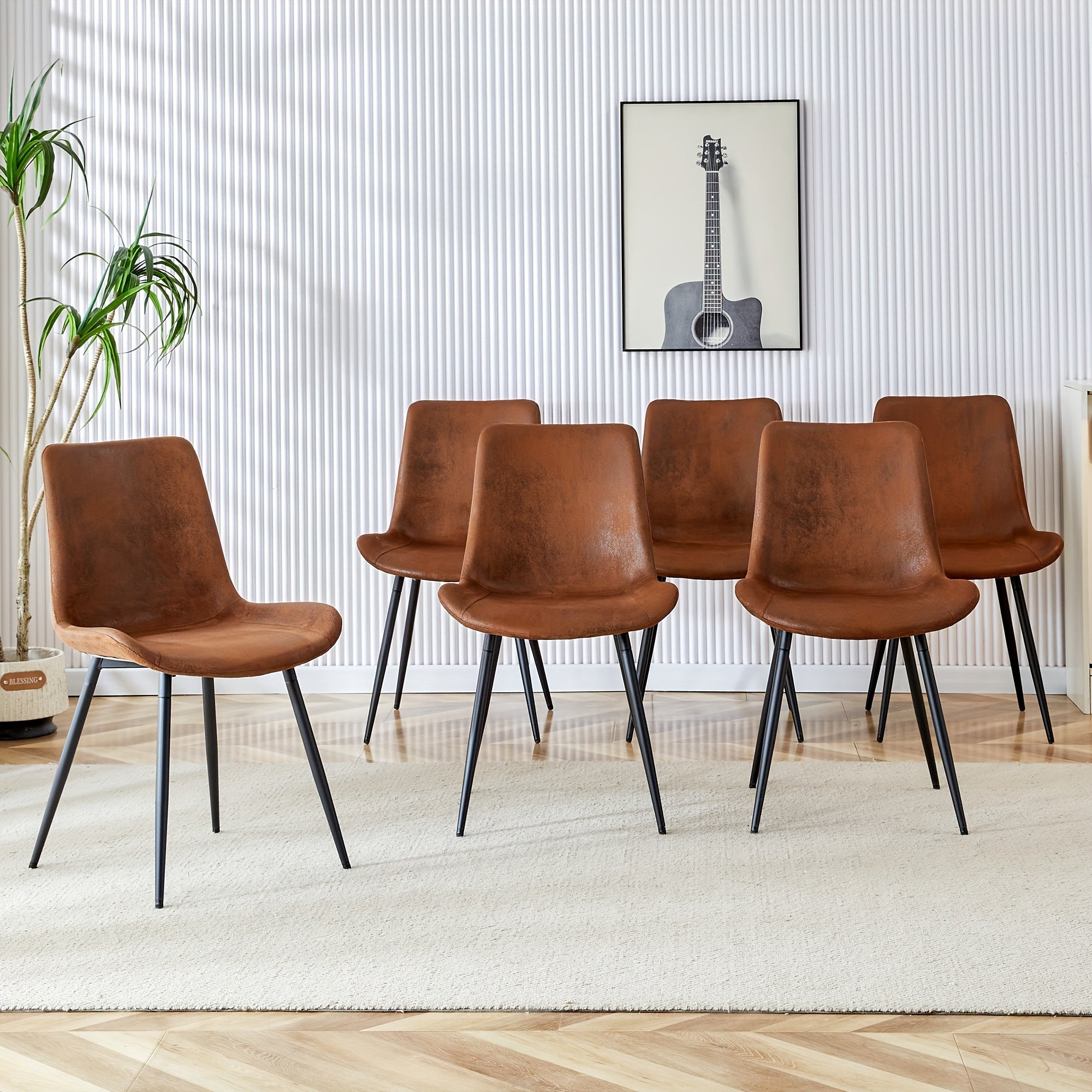 Dining Room Chairs Set of 6 Dining Chairs Modern Upholstered Kitchen Chairs Brown Mid Century Side Chairs with Brown suede backrest cushion and black metal legs for Dining Room Kitchen, furniture for home clearance, local war