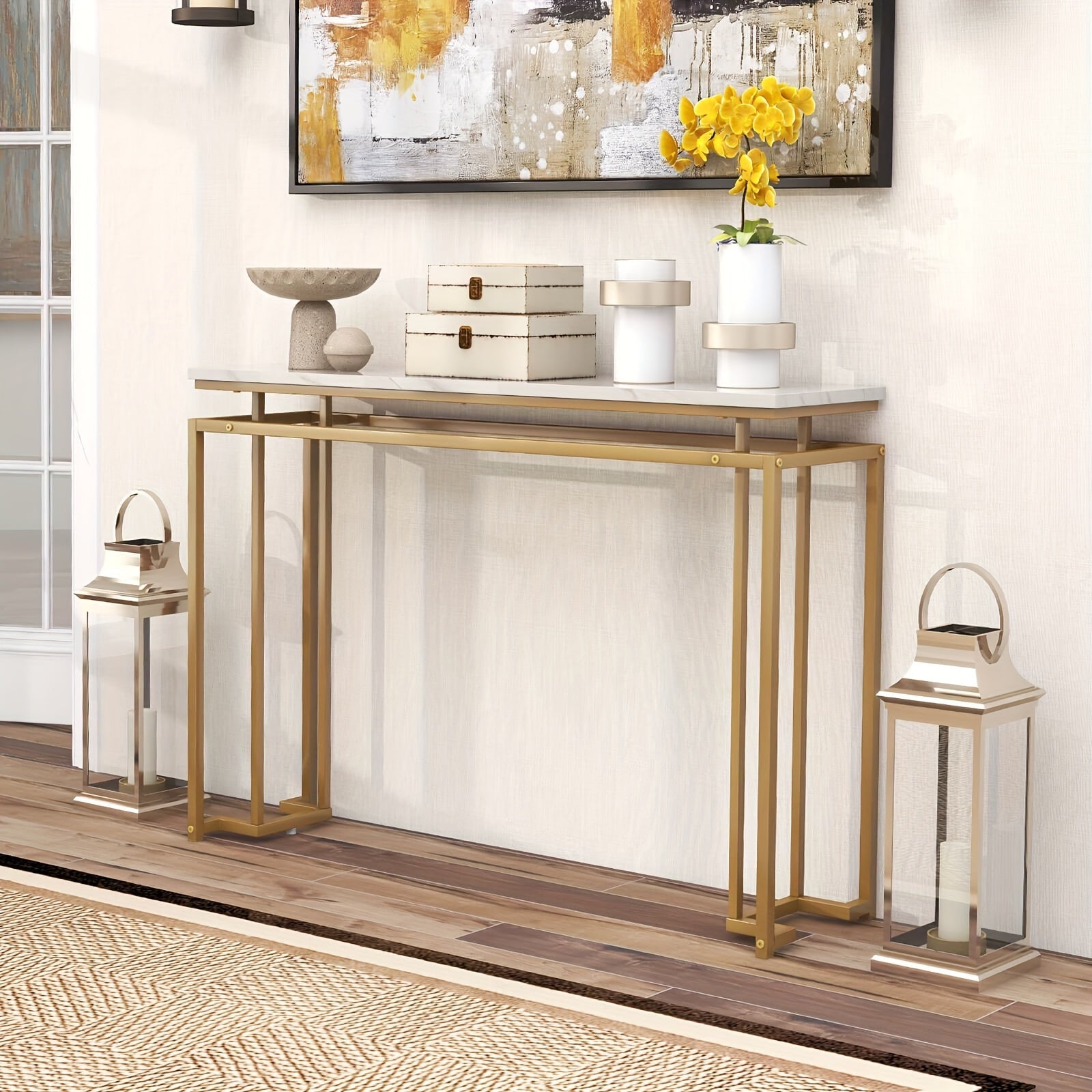 Elegant 47" White Faux Marble Top Console Table with Golden Metal Frame - Modern Entryway Table with Anti-Toppling Kit, Adjustable Feet for Stability, Waterproof & Durable - Perfect for Decor & Everyday Use, Console Table for