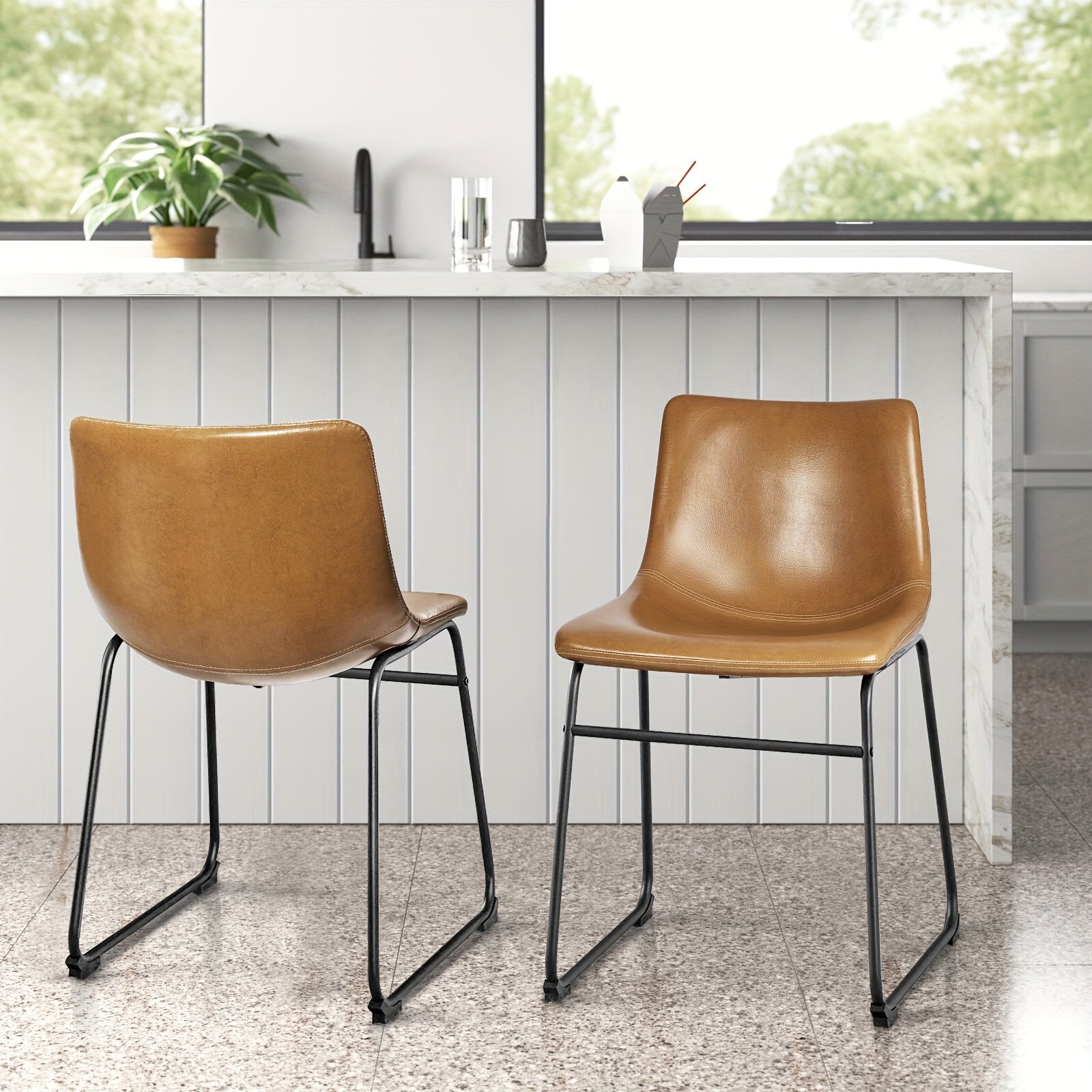 Faux Leather Dining Chairs Set Of 2, 18 Inch Kitchen & Dining Room Chairs, Mid Century Modern Dining Chairs With Backrest And Metal Legs, Comfortable Upholstered Seat Chairs