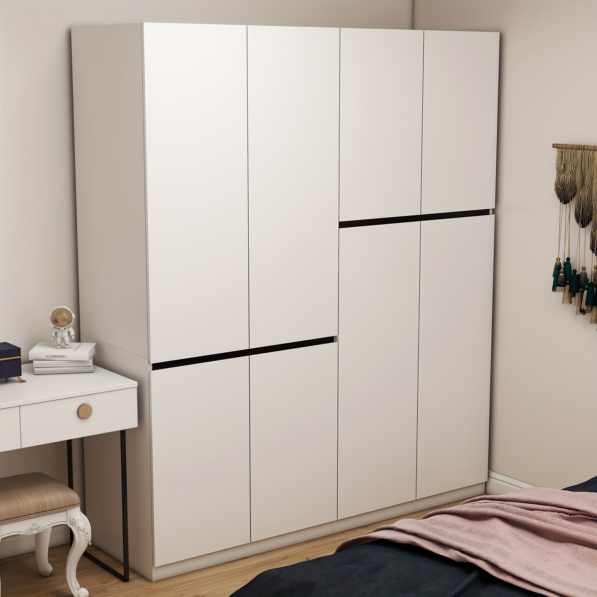 Modern White 4-Door Wardrobe with Shelves & Dual Hanging Rods - Spacious Armoire for Efficient Clothing Organization, Freestanding Design