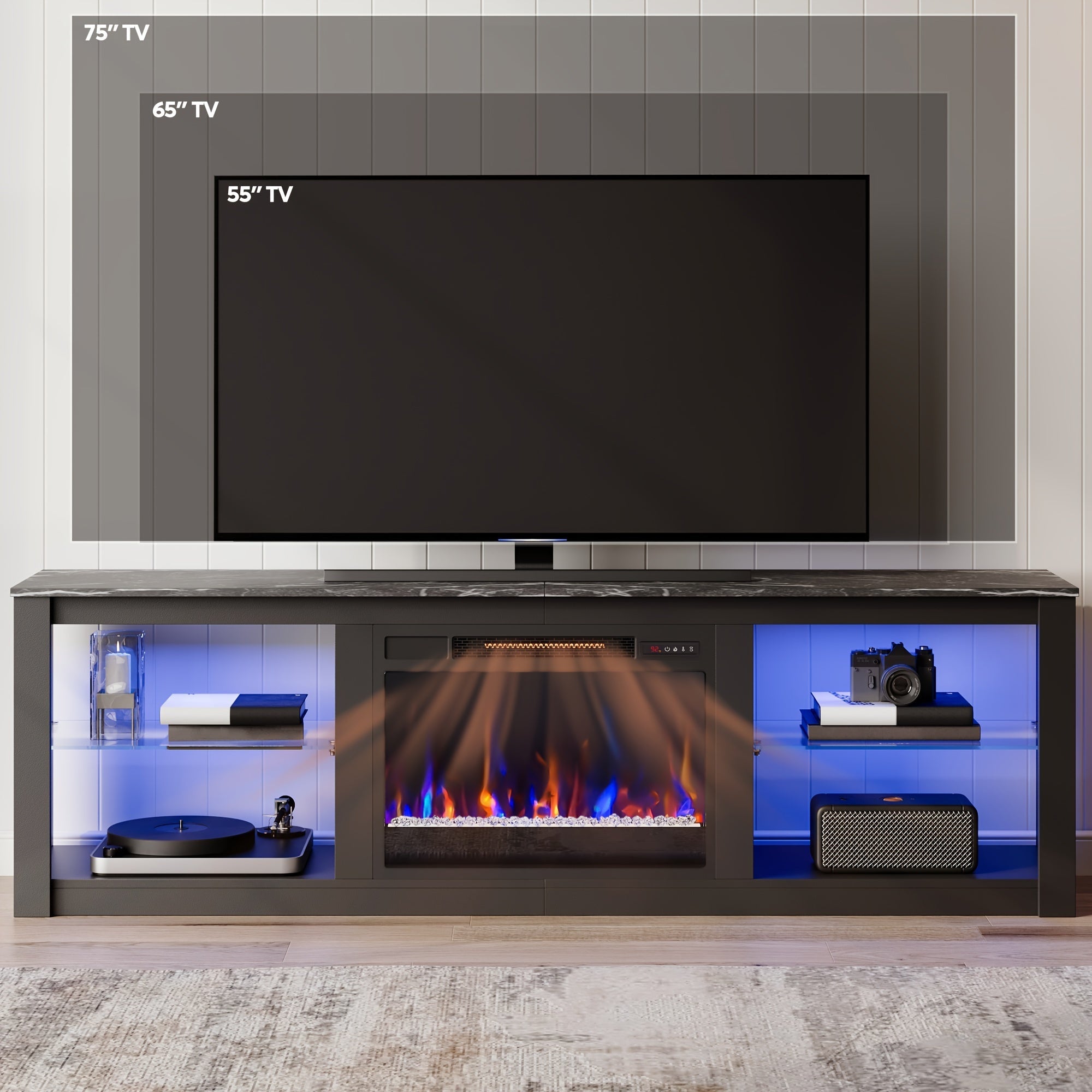 1pc Modern 70" Hardwood TV Stand with Electric Fireplace, LED Lights, and Storage Shelves - Particle Board Construction, Metal Frame, Independent Design, US Plug, 110V, for Living Room and Bedroom, Fireplace Tv Stand