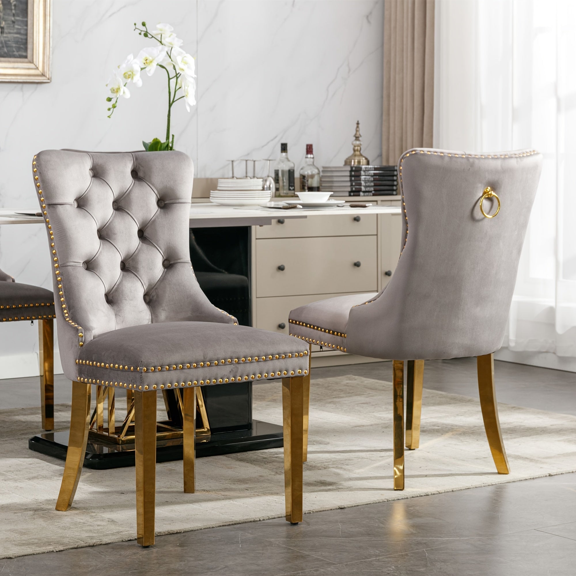 Set of 2 Upholstered High-end Dining Chairs, Tufted Side Chair with Golden Stainless Steel Plating Legs, Nailhead & Back Ring Pull Trim, Kitchen Dining Room Furniture, Tufted Dining Chairs