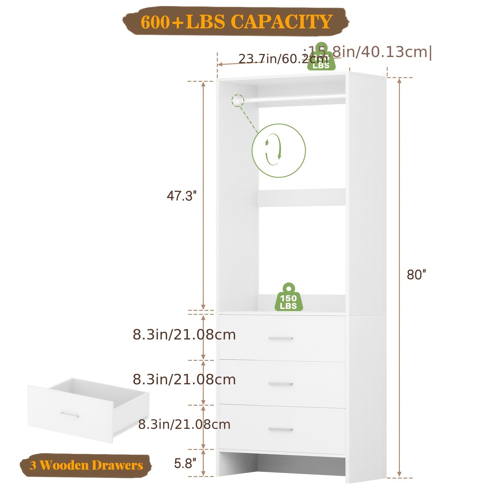 2ft Closet System with 3 Drawers, 24' Closet Organizer, Wooden Closet Organizer System, Walk-in Closet or Small Closets Wardrobe, Clothes Rack with Hanging Rods