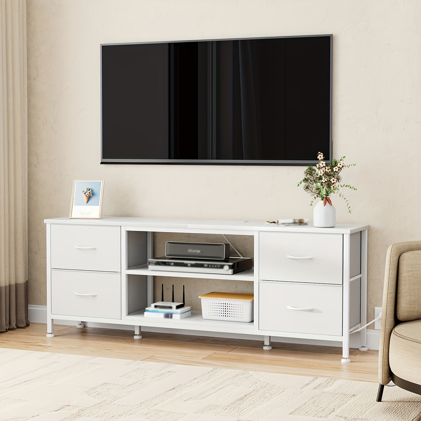 Dresser TV Stand, Entertainment Center Power Outlet With Fabric Drawers, Media Console Table With Metal Frame And Wood Top For TV Up To 60 Inch, Chest Of Drawers For Bedroom