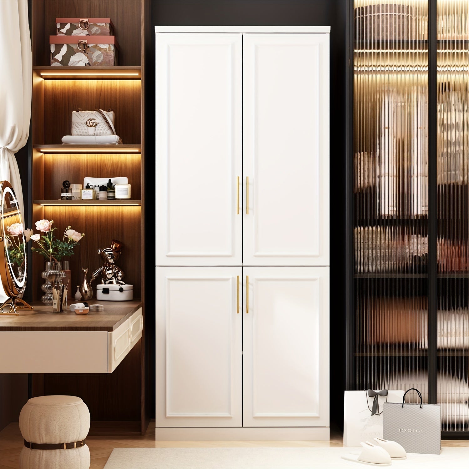 Armoire Wardrobe Closet with 4 Doors, Wardrobe with Hanging Rod, Modern Wardrobe Closet with Shelves