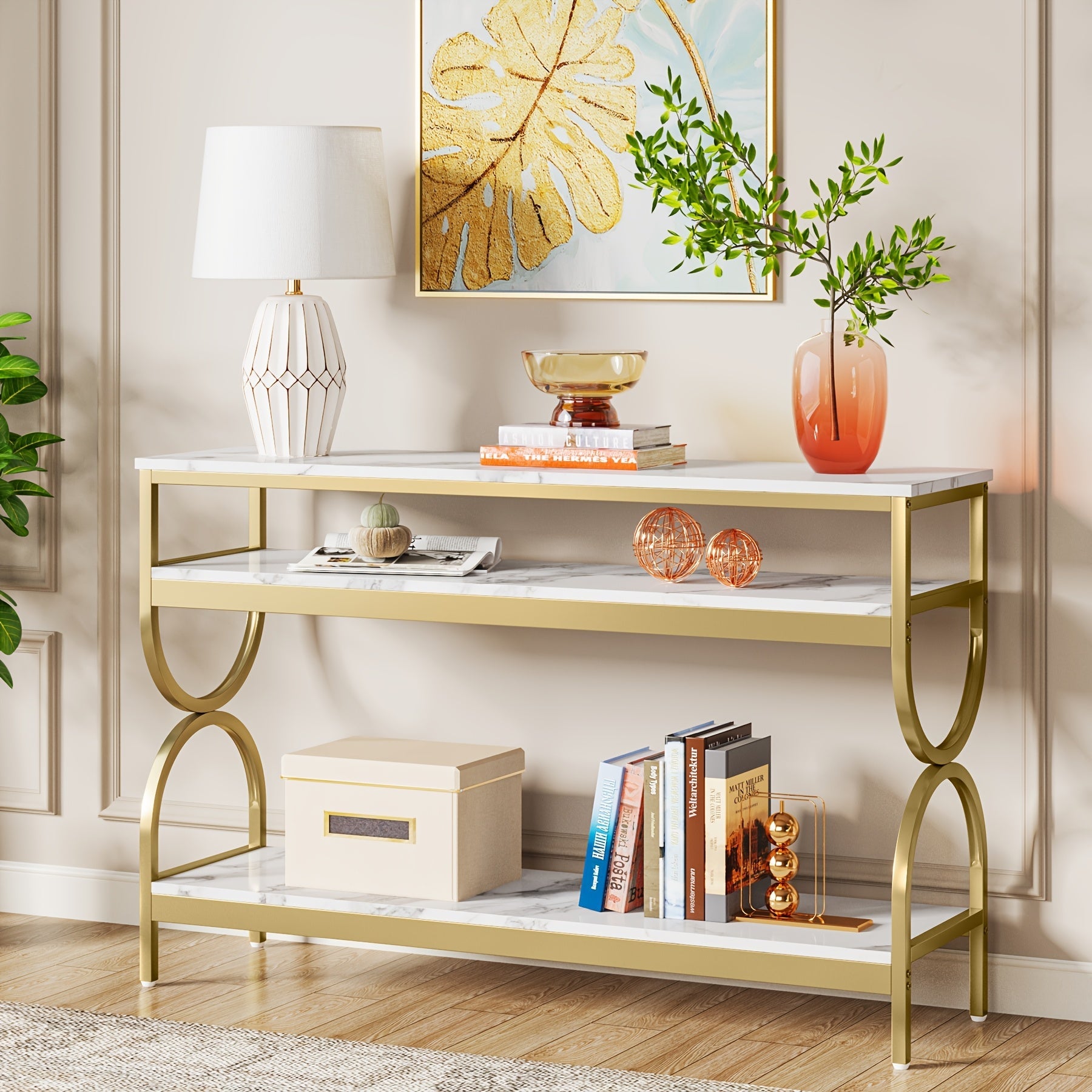 Elegant 55" White & Golden Console Table with Faux Marble Top - 3-Tier Open Storage Shelves, Sturdy Wood & Iron Construction, Ideal for Entryway, Living Room Decor, Table Decor