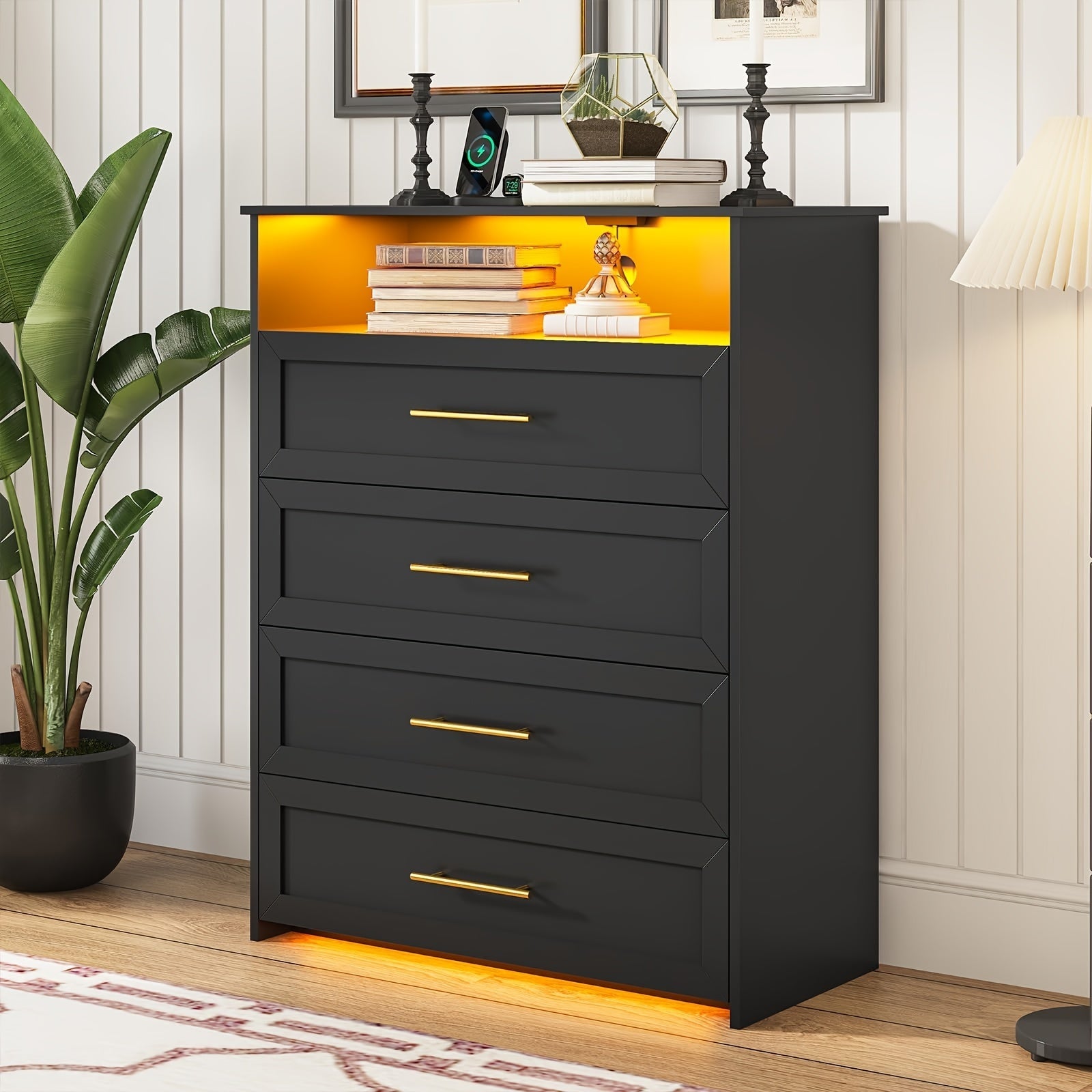 Vanity Dresser 101cm Tall Wood Chest Of Drawers 4 Drawers Dresser For Bedroom With Metal Handle Black Storage Dresser