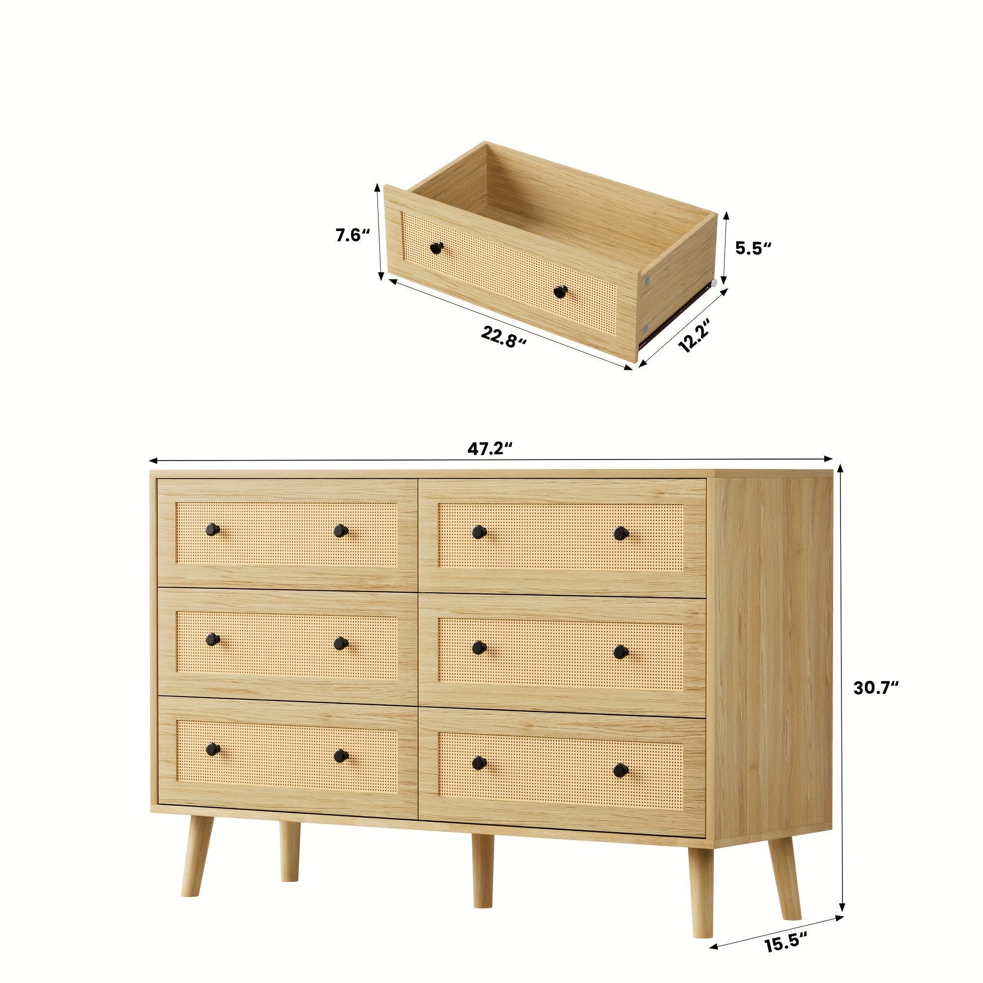 Rattan 6 Drawer Dresser For Bedroom, Wood Boho Double Chest Of Drawers With Storage And Golden Handle, Modern Natural Rattan Dresser For Living Room, Hallway, Entryway