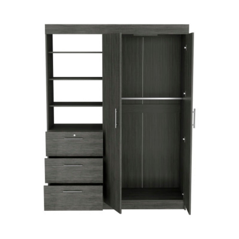 Smokey Oak 3-Tier Armoire with Metal Handles - Spacious Storage Cabinet with Shelves and Drawers for Bedroom, Living Room, or Office Decor