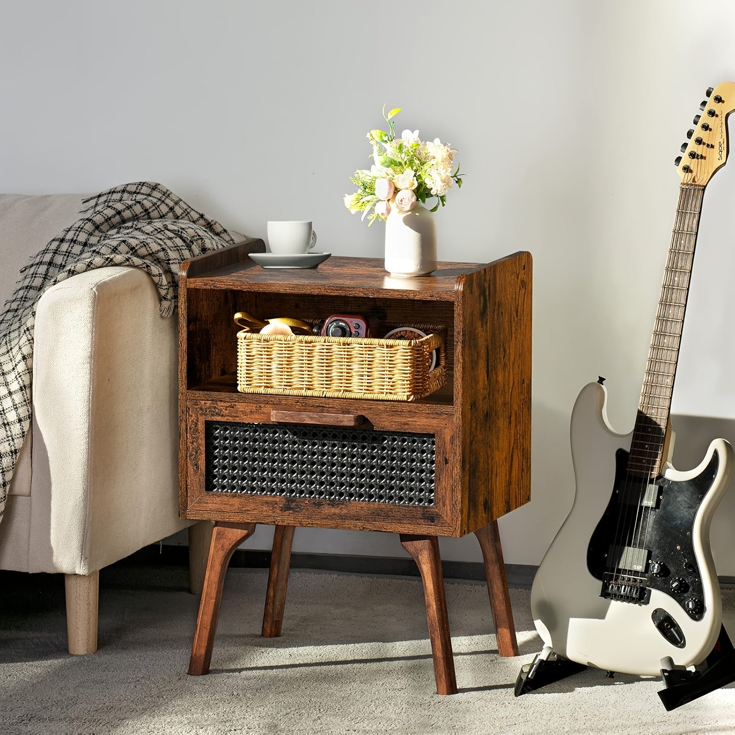 Rattan Nightstand, Boho Side Table With Drawer Open Shelf, Cane Accent Bedside End Table With Solid Wood Legs For Bedroom, Night Stand, Dorm And Small Spaces