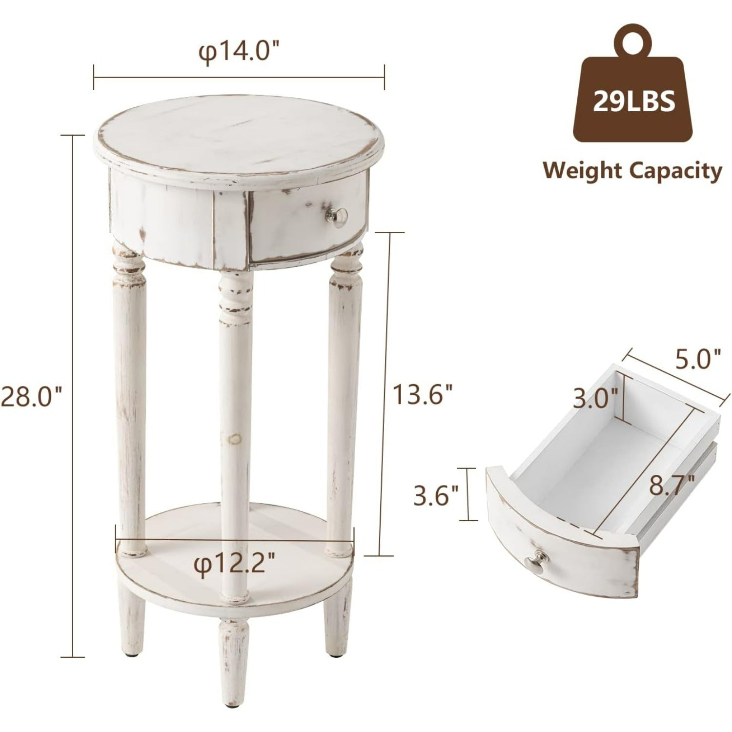 Tall End Table With Drawer, Round Nightstand Bedside Table With Storage Shelf, Industrial Telephone End Table For Living Room, Bedroom, Hall Way, Space Saving, Christmas Holiday Decorations Side Table