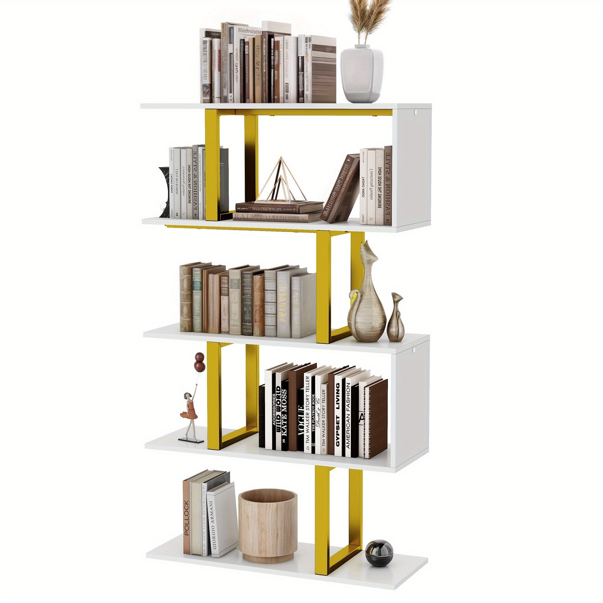 5 Tier S- Shaped Bookcase Bookshelf Freestanding Display Shelf For Home Office - white + gold - Bookshelf Westberry