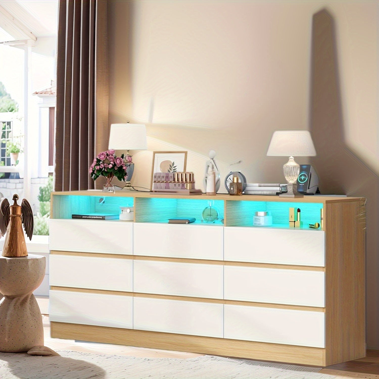 Spacious White LED-Lit Dresser with Power Outlet - 3-Drawer Nightstand & Storage Cabinet Durable MDF Construction Ample