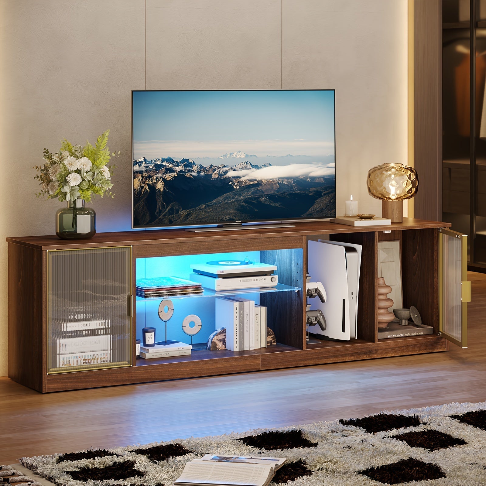 LED Gaming TV Stand For 70/75/80 Inch TV, Large Entertainment Center With Storage Cabinet For PS5 And Xbox, Adjustable Glass Shelf, Translucent/Wood Door - Sturdy, Easy To Assemble, Perfect For Gaming And Movie Nights