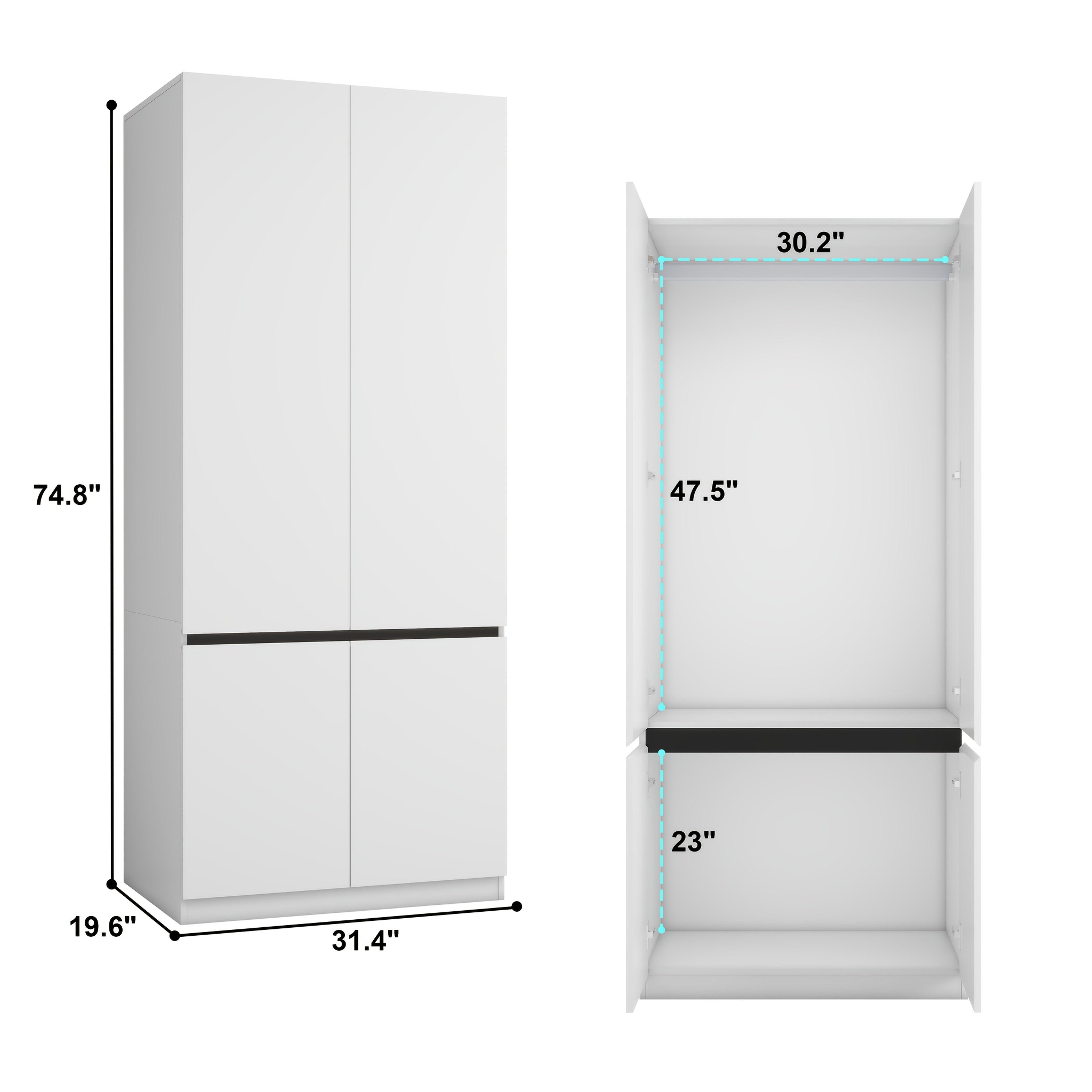 White Armoire Wardrobe Closet With 2 Doors, 75" Bedroom Wardrobe Closet For Hanging Clothes, Modern Wood Cabinet With Shelves, Wardrobe Storage Closet System